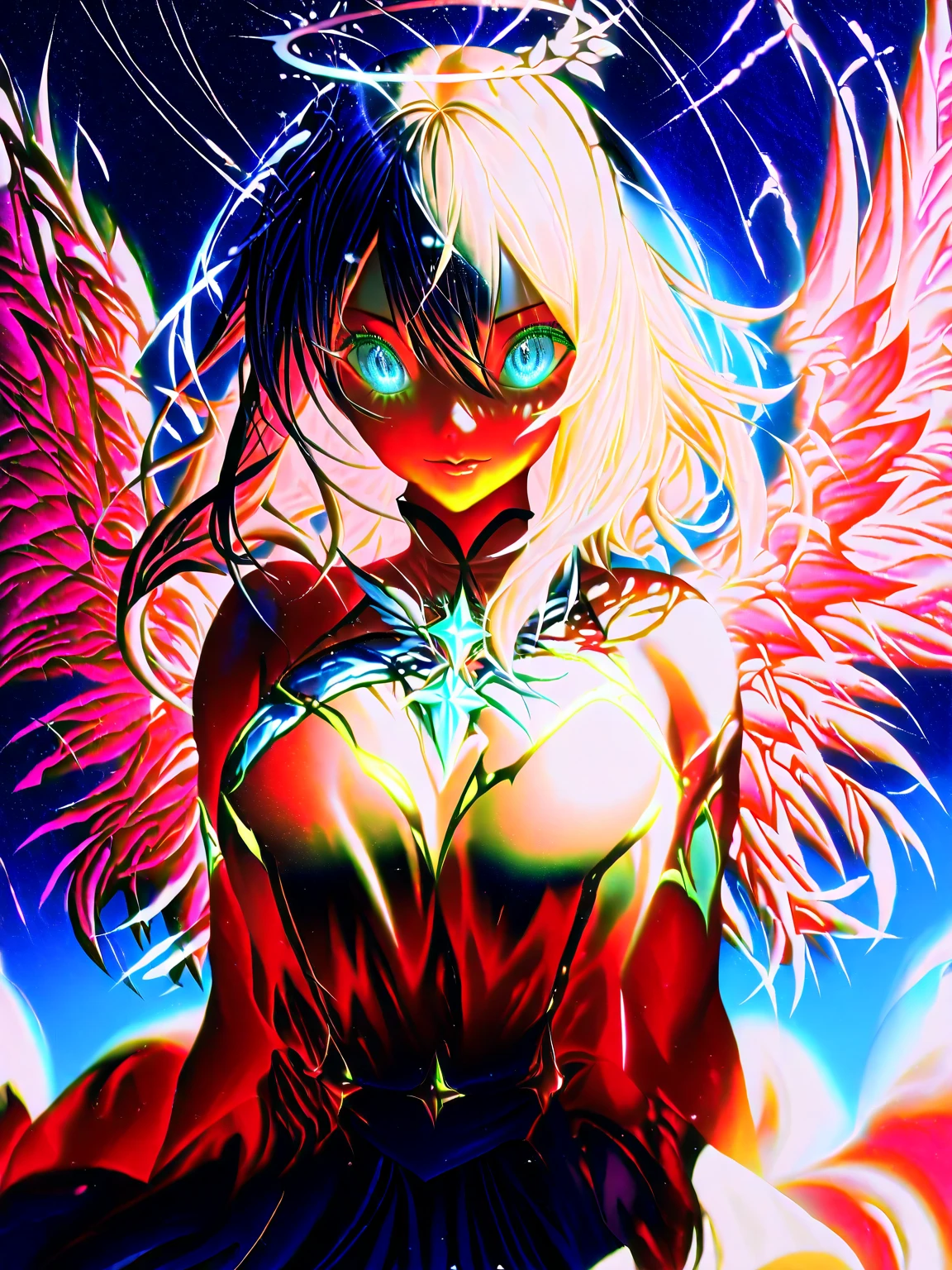 closeup of naked angel woman hold flaming giant-sword, Guardian Angel and Sacred Flame, front view, detailed face, medium breasts, white wings, flame background