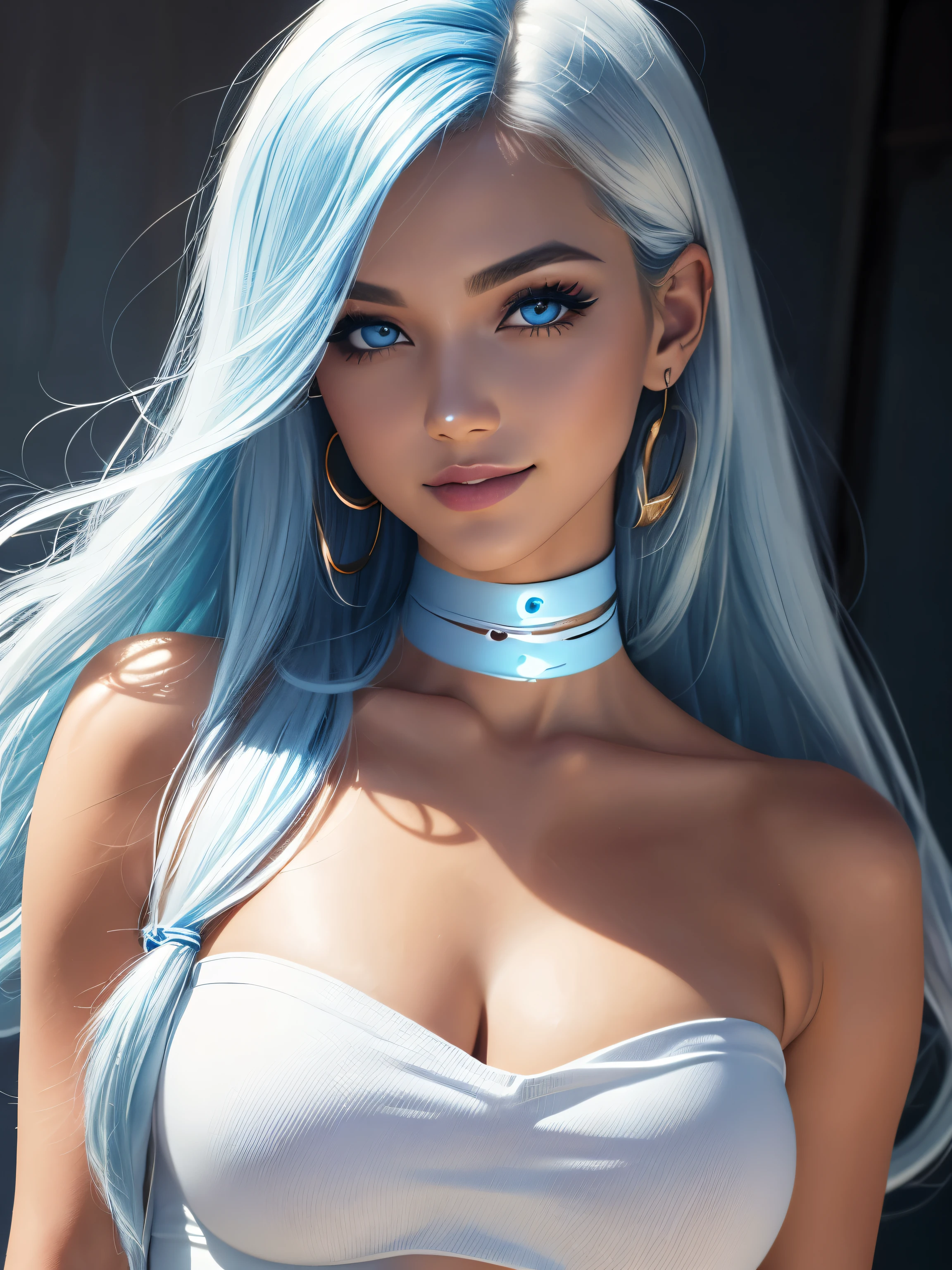1girl called Sarah with long light blue hair, colored flowing hair, long hairstyle, perfect detailed face, young pretty white girl, hot top model, detailed symmetric light green eyes with circular iris, beautiful, walking and posing, look at observer, 19 year old girl, looks like Madison Beer, extremely detailed face, model, realistic, real life, perfect photo realistic picture, realistic, stunning realistic photograph, detailed fingers, detailed realistic face, nice fingers, real human nails, extremely attractive girl, perfect detailed tanned skin, small eyes, perfect detailed face with realistic complexion and skin with small pores, small nose, photo-model, perfect posture, natural limbs, (long legs), detailed symmetrical eyeballs, symmetrical eyes, realistic eyeballs, realistic detailed eyes, cute plump closed lips, makeup, no long neck, ideal proportional body, seductive gaze, looking in the direction of the viewer, captivating facial features, tall, two arms, two legs, one head, tiny breasts, realistic natural bodies, realistic shadows, mystical lighting, 8K, UHD, ((body facing the viewer, showing to camera)),
 “wide angle”, full-body shot, full pose, (photo studio white background), little seduce, cinematics light, Centered hipereallistic cover photo, awesome full color, cinematic, neoprene, behance contest winner, portrait featured on unsplash, stylized digital art, smooth, ultra high definition, She is wearing a white long over-size T-shirt and black Acronym J36-S jogger trousers (T-shirt only white), black and white sneakers, (((from behind))), instagram model, 80mm , urban streetwear , Realistic,round ass,realhands,urban techwear