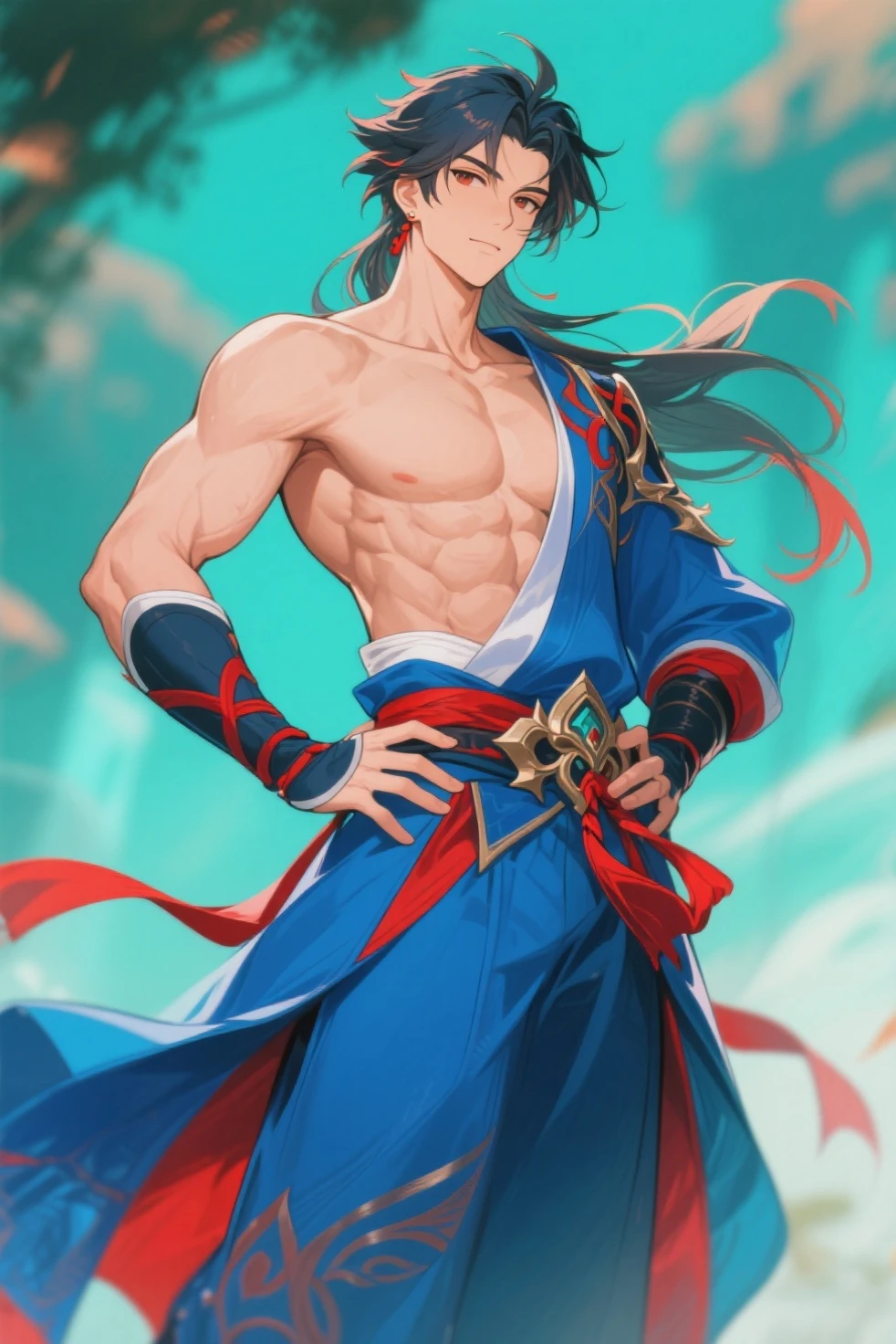 best quality, male, teenage, fair skin, nipple, barefoot, bare shoulder, bare legs, earrings in ears, ankle rings, ancient Chinese style, long hair, a teenager standing on a mountain and dancing,