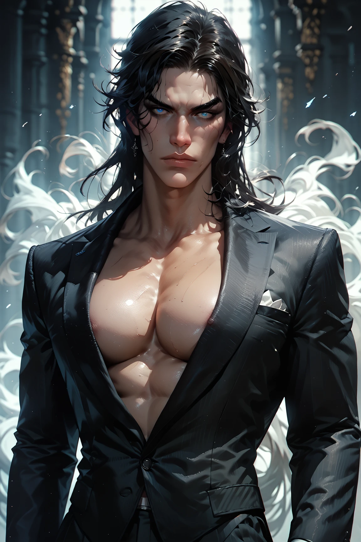 masterpiece, highest quality, (solo focus), (perfect face:1.1), (high detail:1.1),dramatic, 1guy, (pale skin), long white,black hair, green eyes, solo, long hair, moon, night, black,white luxury suit, covered navel, pouty lips, covered, London city, detailed background, art by artgerm and greg rutkowski, gothic renaissance, cinematic lighting, animal print,  male Cruella de Vil, art by Heise Jinyao, by zeilyan