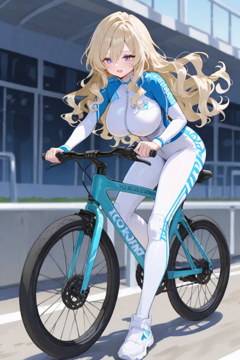 blonde hair, long hair, one side up, aqua eyes., Big Breasts, , solo ,nipple, 14years old, ride a bicycle, Expressway