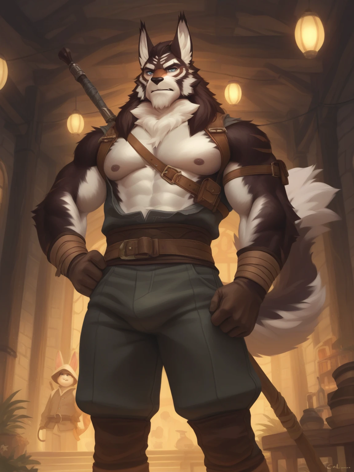 volga_(kemo_coliseum) , loincloth, ((muscular)),furry male,
headwear, large pectorals,two tone fur,fluffy, ear piercing  ring, 
pelvic curtain, bulge, action pose, evil grin, playful smile,
beautiful eyes, cowboy shot,high detailed fur,
at tropical forest,score_9, score_8_up, score_7_up, 
sharp shadows, shaded, (masterpiece:1.3),(best quality:1.4),
wallpaper,((by Bakemonoy , null-ghost , dagasi, syuro, jinu)),countershading