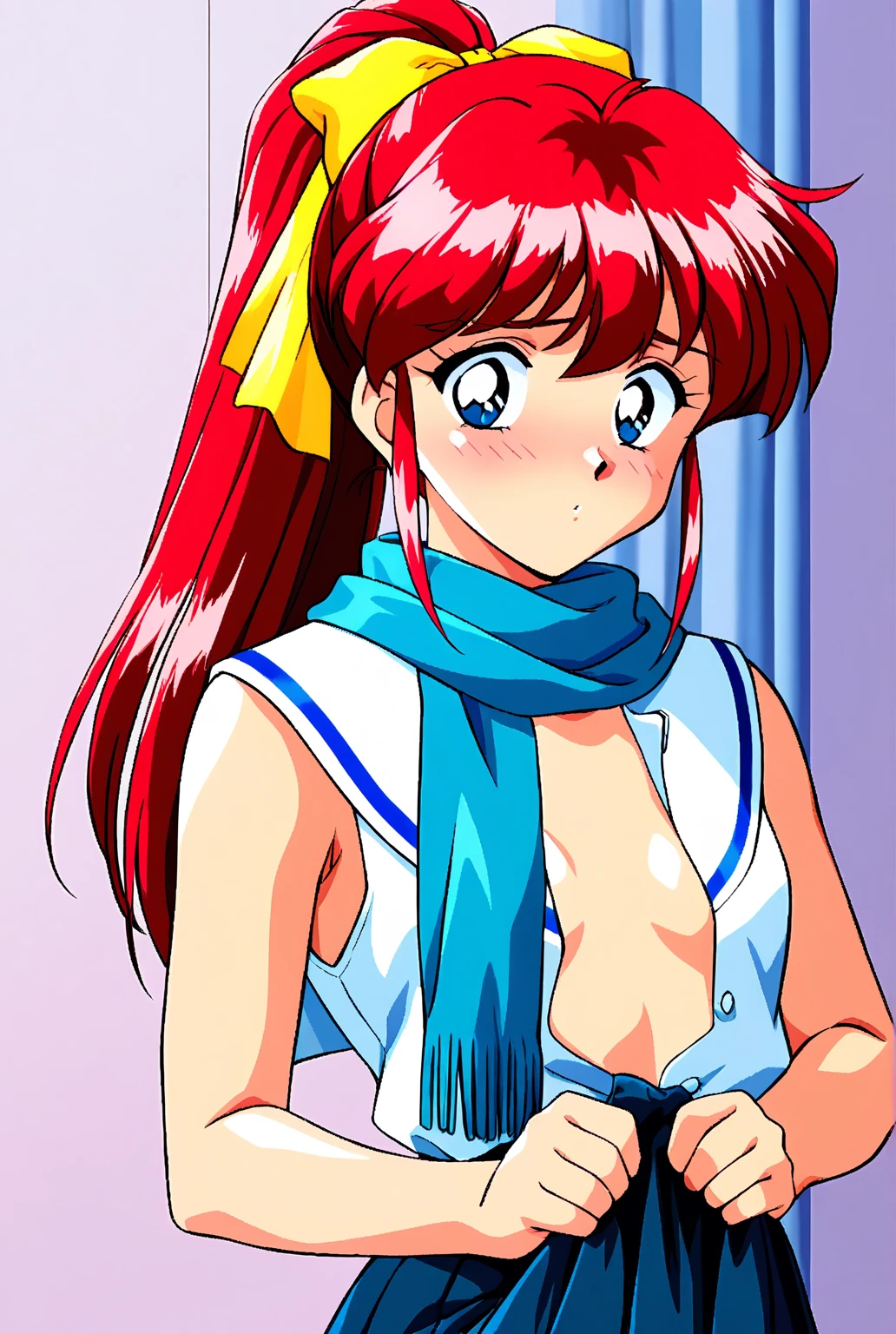 Madoka Ayukawa, , bangs, 1girl, masterpiece, highest quality, disorganized, retro artstyle, 1980s \(style\)))), look viewer, (((full nude))), full blush, (((no Panties))),, Take a look here, (((nsfw))), view audience, nsfw, Genitals are visible,1girl, (((See here))), nsfw, (Japanese girl showing off genitals:1.1), look viewer, (((a girl, Flying in the air in a naked, from the knees up, overlooking the cityscape below,))), ponytail,