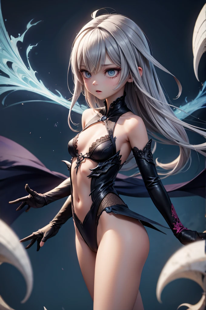 (masterpiece, best quality), intricate details,, 1girl, Gura, blue shark Tail, shark teeth, Jack-O pose, v-tuber, blue eyes, small height, white hair