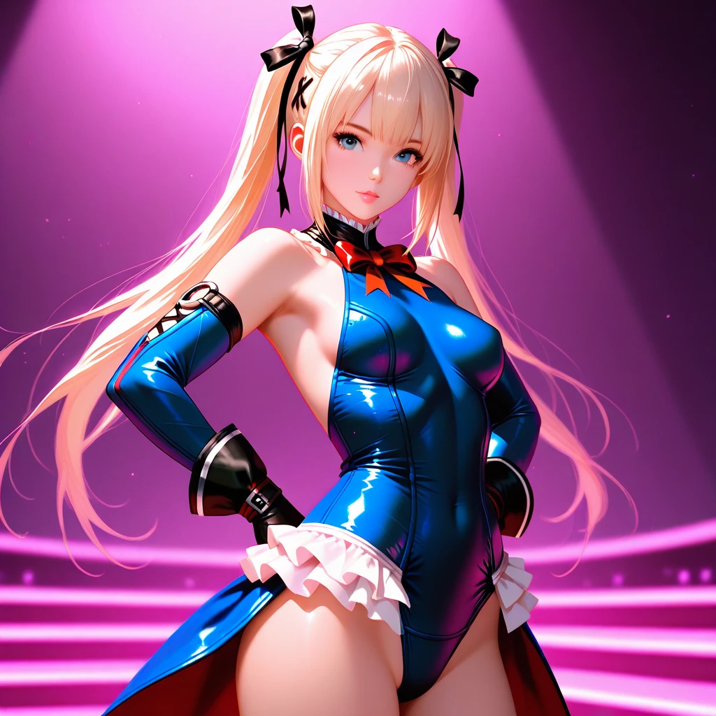 A sexy girl with a big chest, blonde hair, long braids, her blue eye, her red lip, she wears a metallic blue corset, shows her navel, and metallic blue pants, light blue boots, light blue metallic gloves.
