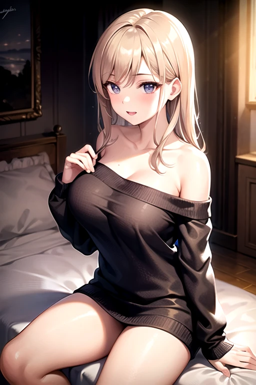 Top quality, masterpiece, incredibly beautiful, very delicate 8k wallpaper, transcendently beautiful girl, gal, (dark skin), long hair, (blonde hair pink gradient hair), BREAK, long eyelashes, makeup, sparkling eyes, BREAK, (big size, off shoulder, fluffy sweater:1.5), flat_chest, huge_breasts, wide_hips, BREAK, (Opens mouth and laughs), (innocent smile), BREAK, (five fingers, 4fingers and 1thumb), (bare legs:1.2), sitting, on the bed,