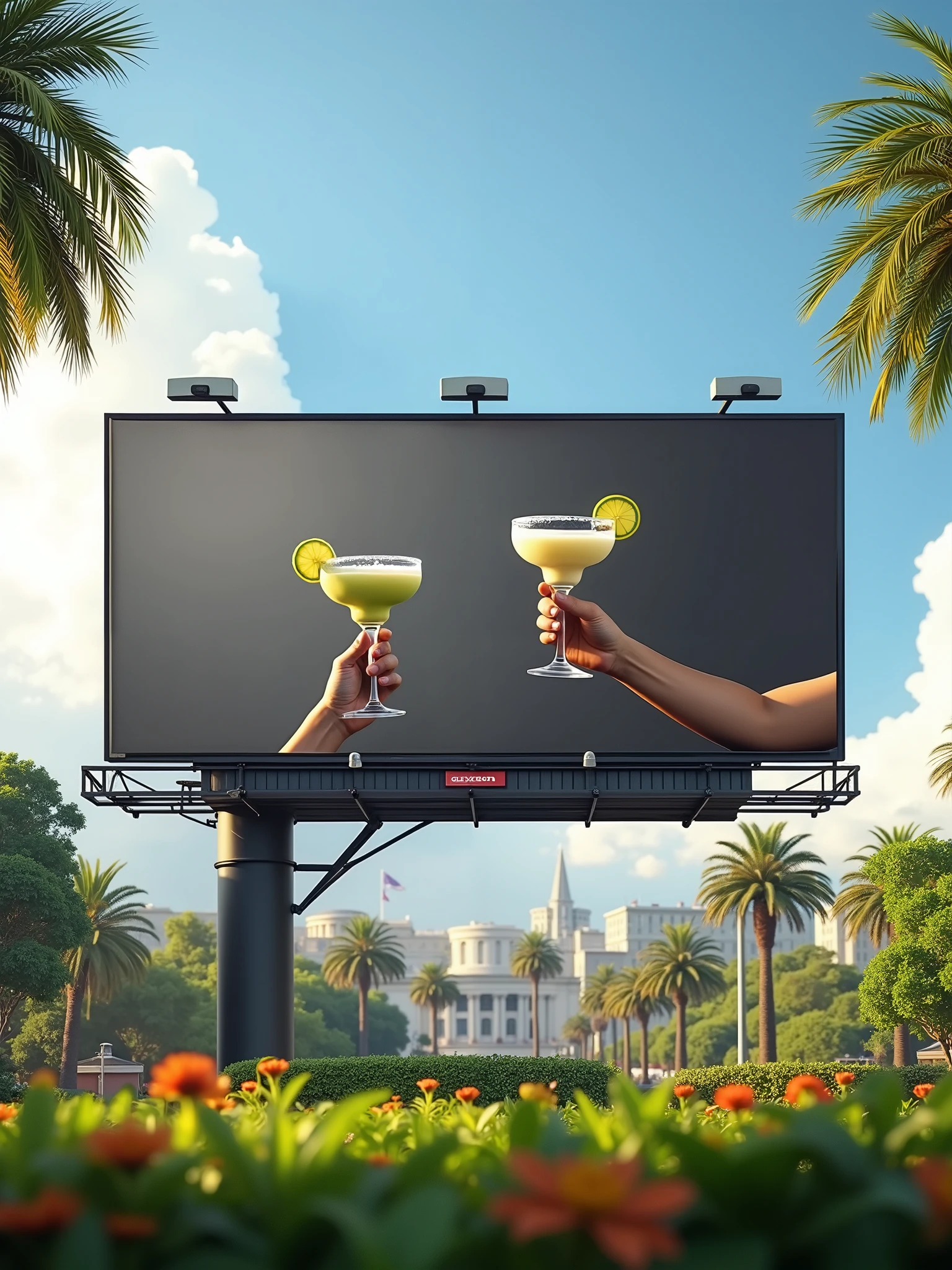 Criar um outdoor Billboard (em branco), no alto, In the center of Saint. James Park,  the billboard faces,  centered on the image , At the end of the outdoor there are two black swimsuit models holding a glass of margaritas. 4k. high quality. ultra definition, pixar, disney. Two brunettes sitting upstairs with a drink in their hand