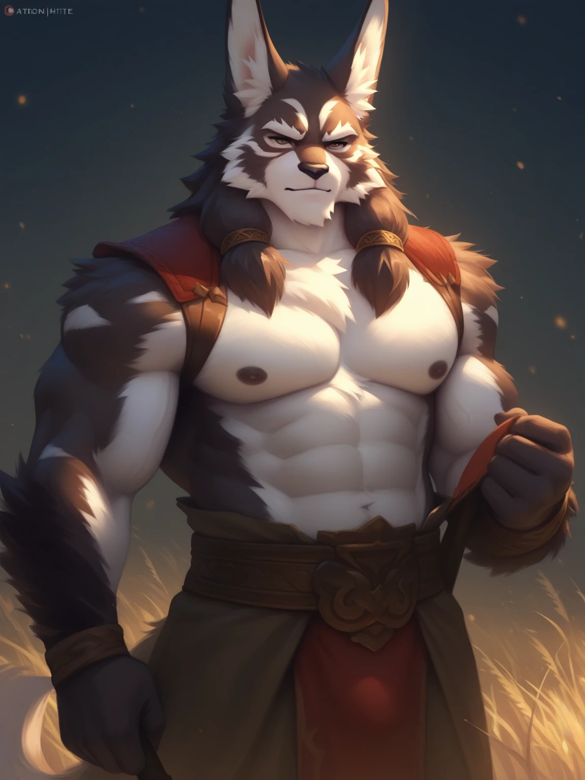 male, furry, wolf, bara, laying on his side, looking seductively at viewer (big muscles, wide hips, thick thighs, hot, horny), ((shortstack)), (barefoot), (mountain temple background, pillows and carpets)