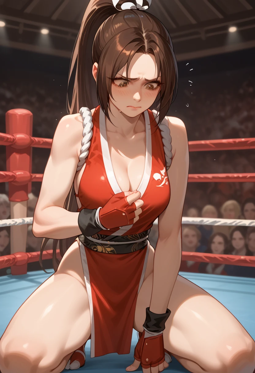  girl ,,  (Boxing Ring、Large crowd), blush、(smile)、Sweaty body、Wet Hair,  Underarm, Big Breasts, (High color saturation:1.0),  (Very detailed肌), (Highest quality:1.0), (Ultra-high resolution:1.0) ,(Realistic:1.0), (Very detailed:1.0), (8k, RAW Photos:1.1)、Small breasts、Spread your legs、、ponytail、Mai Shiranui、Mai Shiranuiのコスチューム、Fighting Pose