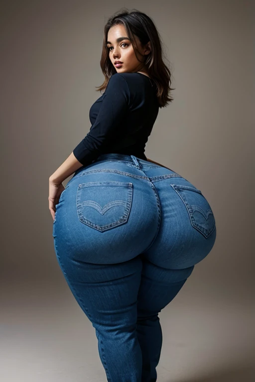 a Caucasian woman in jeans and a black shirt with a pink panties exposed and flashing out over her jeans looking embarrassed, thicc, full body portrait of a short!, thick thigs, wide hips,skinny waist and thick hips, thick, urban girl