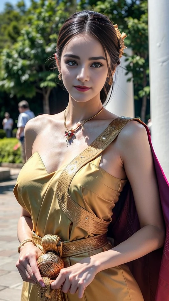 (巨作, Best quality, Realistic),
1girlhugebreasts,(on the St. Peter's Square of Vatican,crowd of), sankta. Peter's Square of Vatican background,gypsy dress,(Princess Eyes,shiny pupils),Dancing,  Gold, banquet, crowd of, picking up skirt,
[Slight smile],
