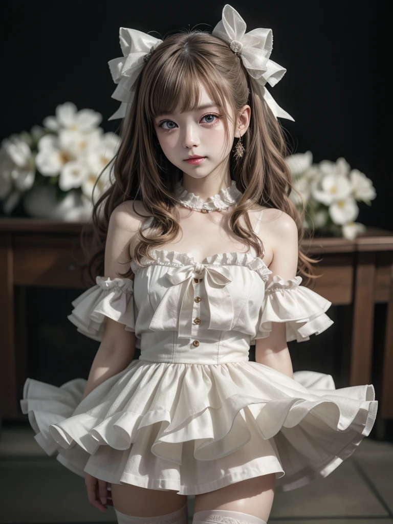 8k,masterpiece,Portrait Photography,Japanese,8-year-old girl,round face,Well-proportioned face,Innocent face,Calm Eyes,Big eyes,Fine grain,delicate,Slim body,Narrow shoulders,Small waist,Thin legs,Short stature,Extremely small breasts,Neat,Chapel,Cute outfit,The lighting makes the clothes transparent,Cute underwear,White clothes,Girly Fashion,one piece,Summer Dresses,Quite short length,ribbon,choker,Lace choker,Earrings,Lace gloves,Long veil,barefoot,Cute sandals,See-through,Medium-long hair,Cinematic lighting,Natural smile,Natural pose,Reader model for children's fashion magazine,