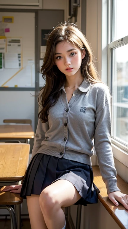 1girl, solo, long_hair, looking_at_viewer, brown_hair, hat, photoshop_(medium), shirt, long_sleeves, original, brown_eyes, jewelry, pantyhose, earrings, indoors, sweater, lips, leaning_forward, realistic, badge, real_life, button_badge, smiley_face