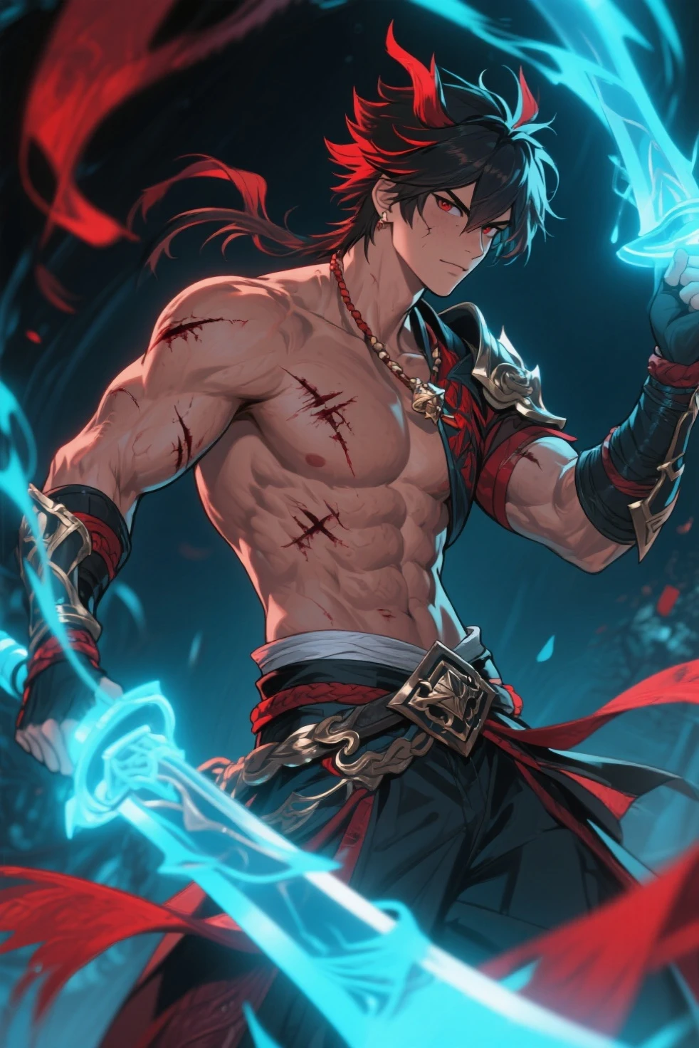 (Masterpiece, Best quality 19 year old boy, black background), solo, Young, boy, muscler, (Dark Short straight hair, under cut, brown eyes, topless), (red headband, ((fingerless gloves, belt, black wristband, long cloak, powerful energy aura))), (hot Abs:1.2, abs!, big abs, big breast:1.2, chest!, upper arms), Vivid colors, muscler body, (aura power:1.4), detailed face, detailed muscle, (((A magical mystical glowing aura, cosmic power glowing and flourishing, rippling muscles, fighting pose, struggle, combats, dynamic pose, intense action scene)))