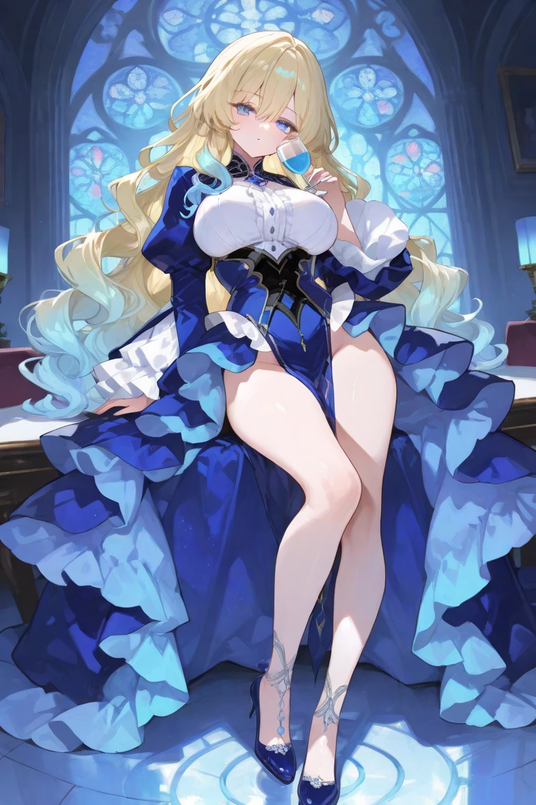 Esmeralda, 18 years old, long blonde hair, blue eyes, huge breasts, blue gala dress with blue diamond crystals, walking down the stairs of the palace, looking at everyone with a flirtatious smile at night.hentai