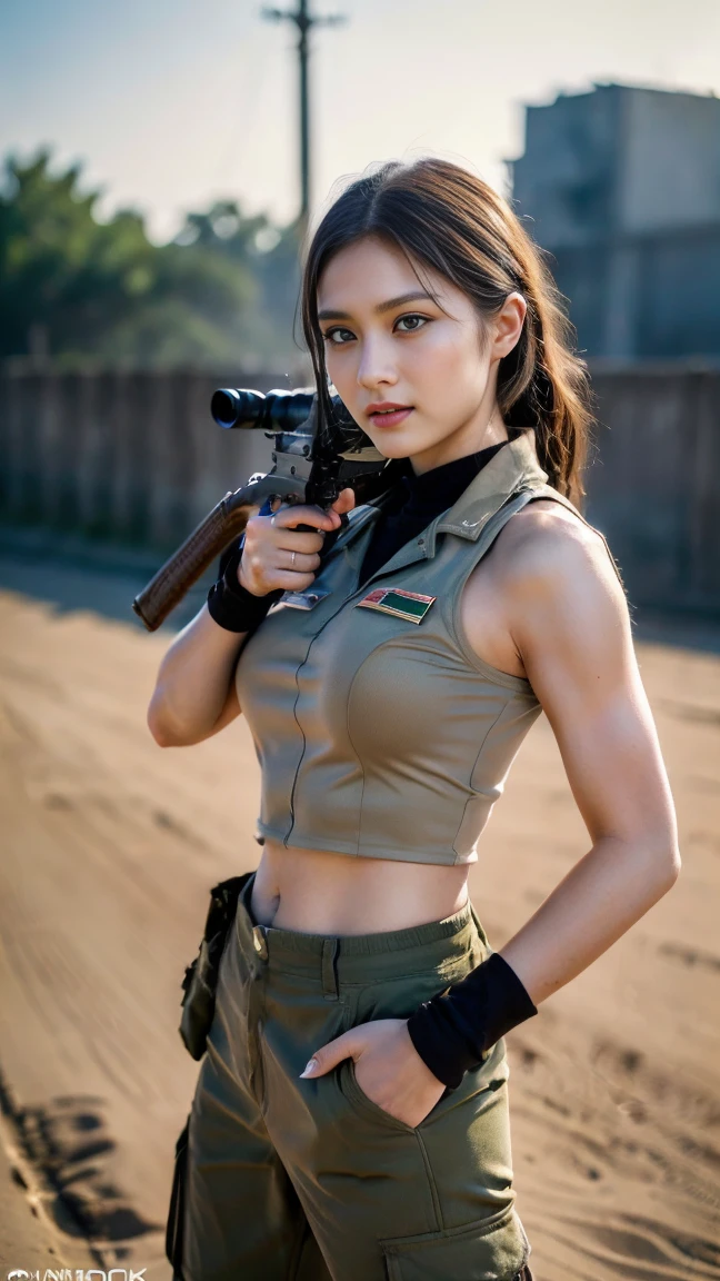 {{Masterpiece、best quality、Very detailed CG、16 ก、film light、lens flare}}、blurred background、wearing green tanktop (One women soldier aimsing a huge rifle)、realistic:1.4、black short hair 、blue eyeany weaponilitary helicopter:1.6))、special forces、war、Shinjuku at night、from above view、aims、aims、Knee shot、Wide viewing angle、Fight zombies