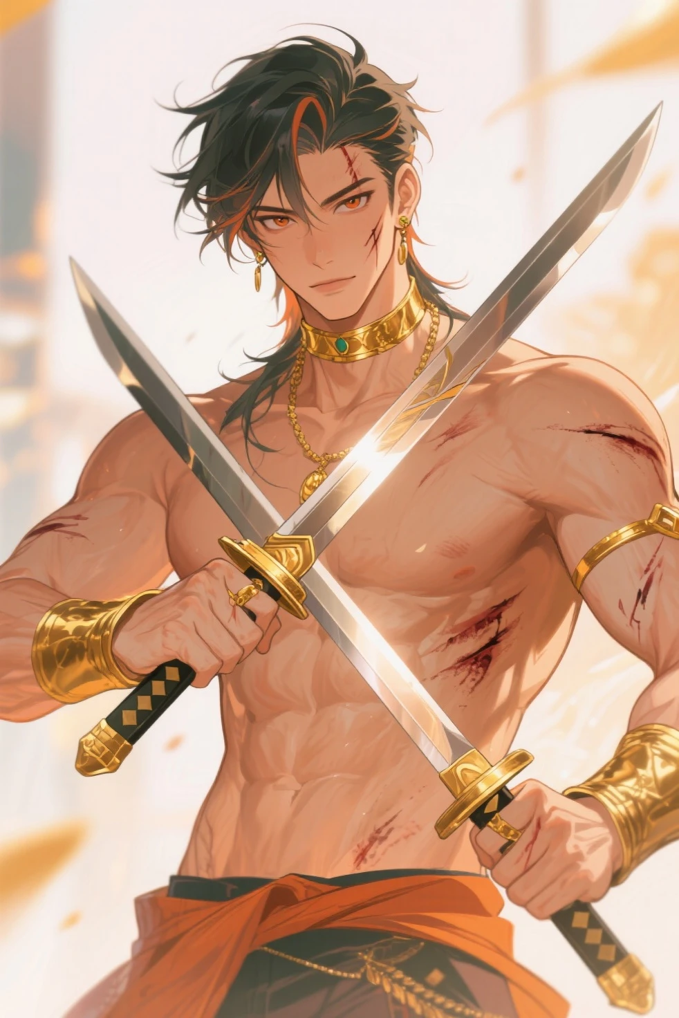 Haji prompt bing choke fight

Anime bishounen teen male with glowing green eyes with short jet black curly hair with low cut sides. He has brown skin. He’s model-like and tall, wide chest and wide traps and wears modern teen fashion. He is being choked by a man. He is trying to protect a girl. He fights back. Japanese/Lebanese/Puerto Rican ancestry, looks like Francisco Lachowski and Maluma and Reggie Bush. Gundam Wing art style. He is covered in blood. --auto