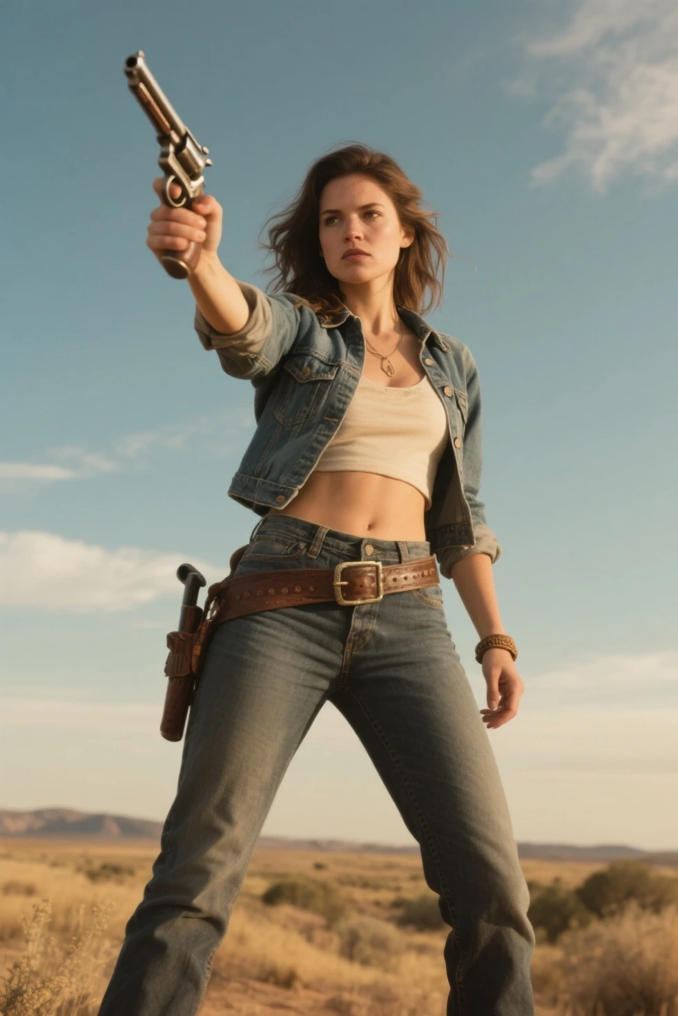 Action, heroine, dual, pistols, denim, jacket, white, tank, top, dirty, rugged, belt, holster, brunette, wavy, hair, confident, stance, adventurous, bandana, score_9, score_8_up, score_7_up, score_6_up