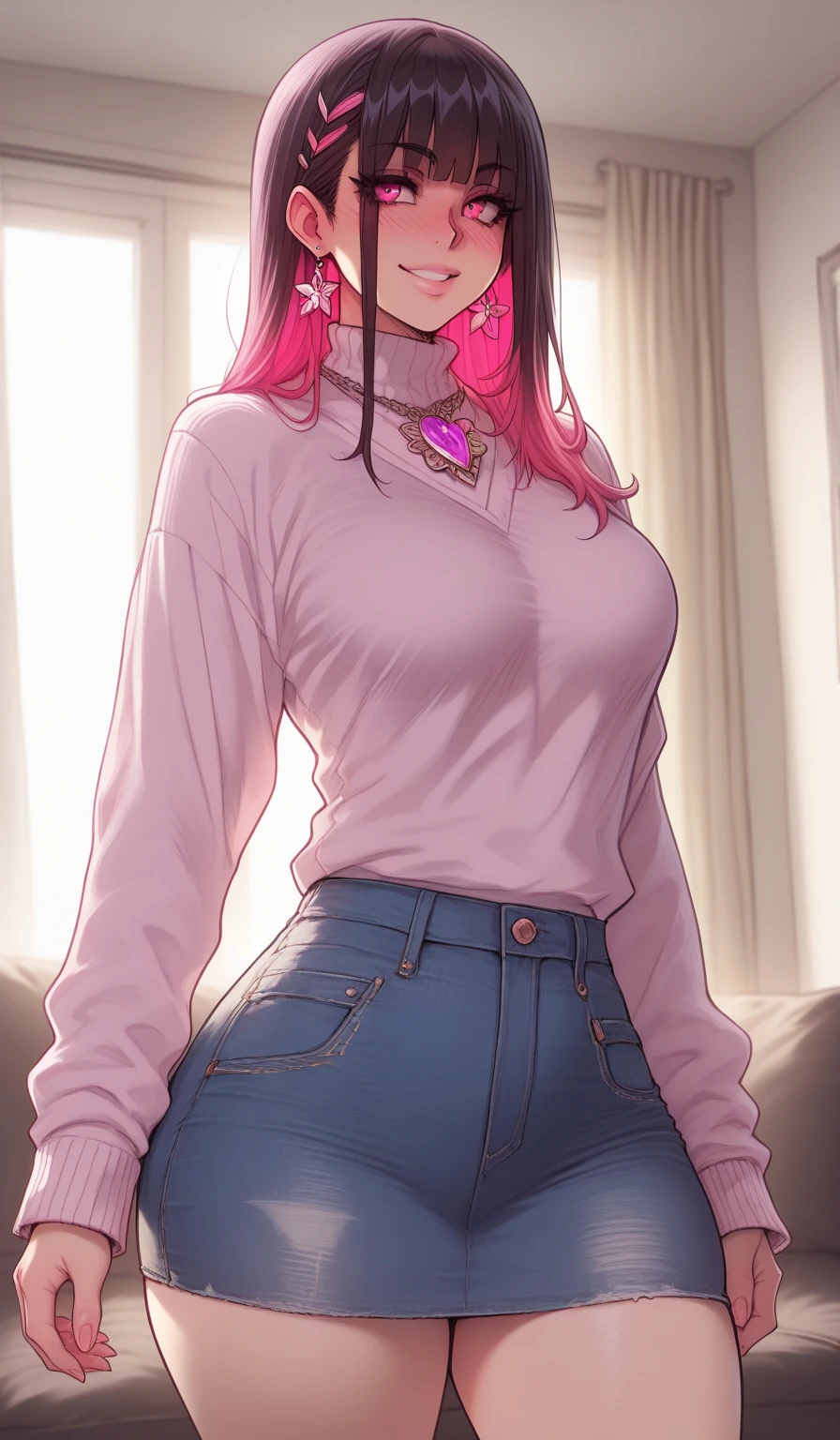 masterpiece, best quality, high resolution, UHD, 8k, ((cowboy shot)), BREAK, 1 girl, ((girl style anime)), Glossy skin, rounded eyes, beautiful eyelashes, realistic eyes, beautiful woman, with purple eyes, long hair, pink hair, with red balayage highlights, dressed in a pink turtleneck sweater, pink fur coat, wearing a pink dress, with bracelets on their wrists, perfect body, medium breasts, BREAK, BREAK, in a clothe store very nice.
