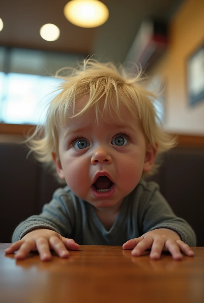 Create UHD photorealistic realistic photo, no animation, no 3d image, no pixar style animation, no extra fingers. 12-month-old French baby girl yawning and rubbing her eyes, sitting in a high chair with morning sunlight streaming through the window. Shot with a Canon R6, 24-70mm f/2.8 lens at 50mm, using natural light. Authentic family breakfast scene by a photographer with 30 years of experience.
