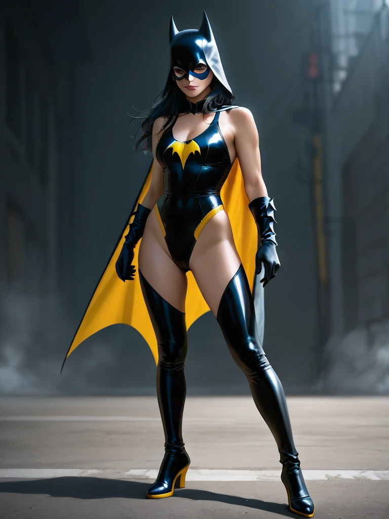 Batgirl, lingerie, dark background, (((full body visible)))), looking at the viewer, portrait, photography, detailed skin, realistic, photorealistic, 8k, highly detailed, full body frame, high detail RAW color art, penetrating, soft diffuse lighting, shallow depth of field, sharp focus, hyperrealism, cinematic lighting