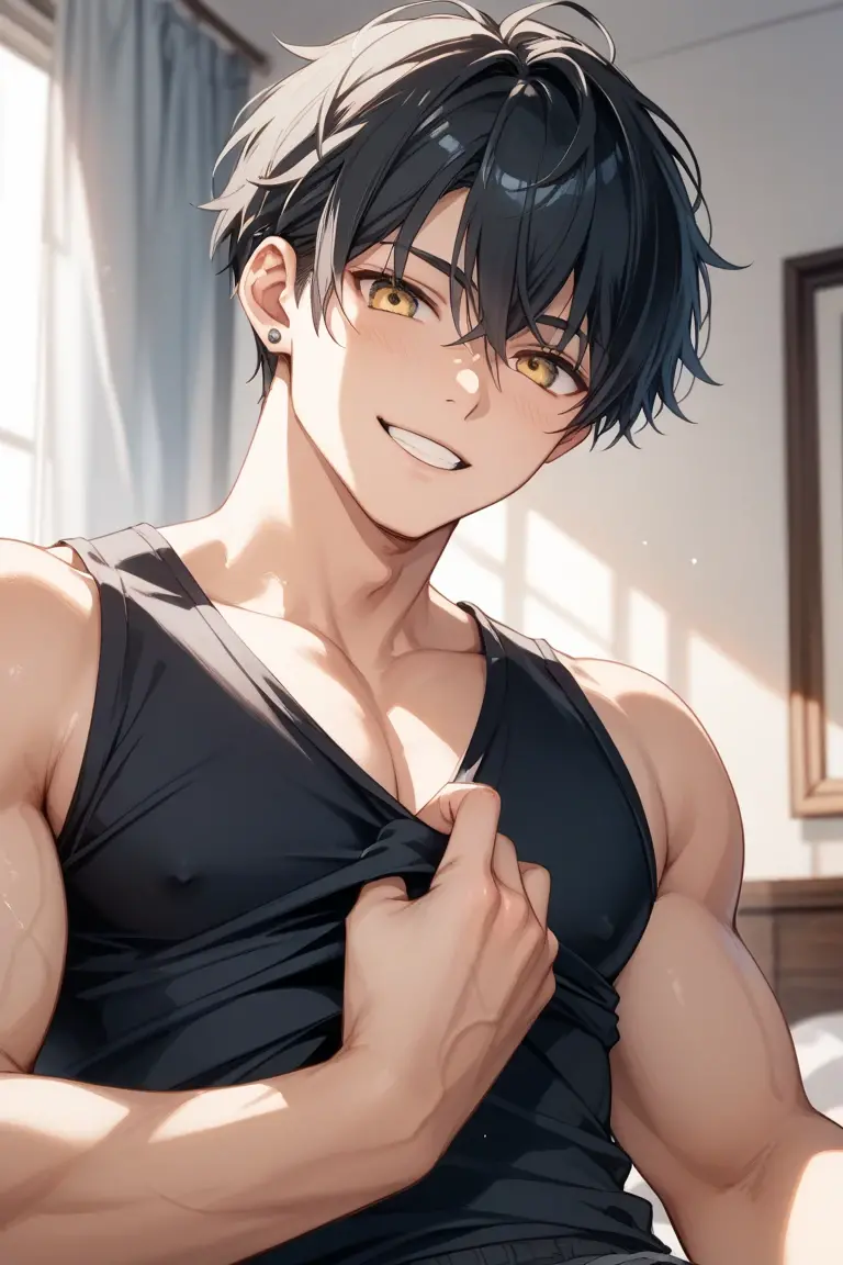 (1 Boy), solo, dark hair, (shirtless, black slacks, on sheets, , kneeling, seiza, cool, (sexy:1.3), Fascinating, (evil smile), seductive smile, open mouth, (fang), ((licking one's lips:1.0)), (parted lips),collarbone, (shoot from below), (from below:2), sunset,(open collar), tsurime, squinting, (A man seduces a woman), temptation, Yellow eyes, (background: on bed in bedroom), high quality, high resolution, masterpiece, shirtless,shota