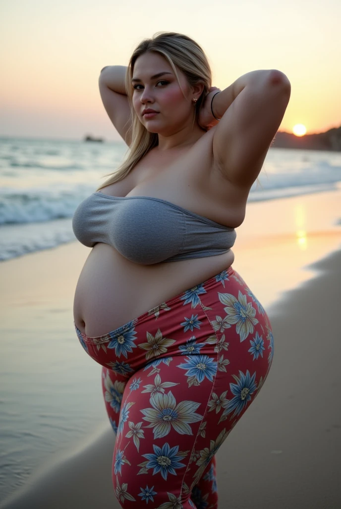 Facebook post of a 26 year old platin blonde woman with big round  and fit figure showing her perfect gym fit hourglass figur in a black leggins, ultra realistic, at the beach, sexy, curvy body, plump body, huge big ass, thick body, curvy body type, voluptuous body type, busty body type, thick body type, big chest, big