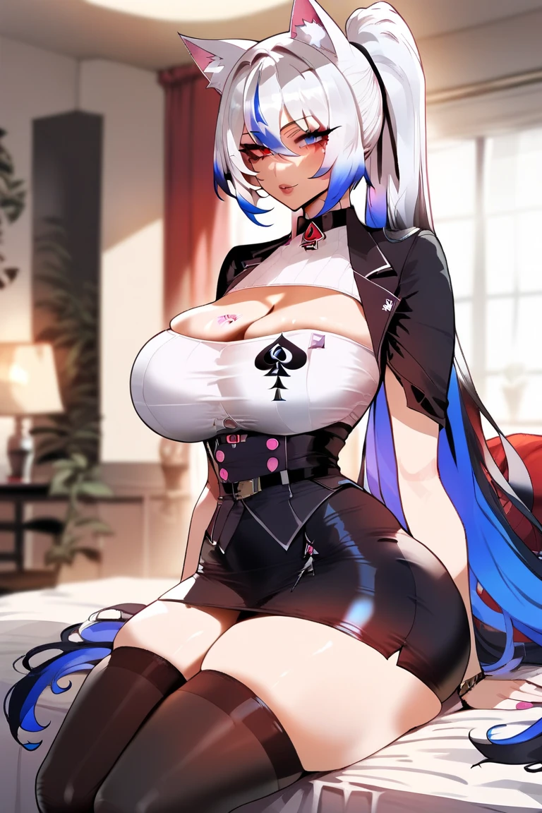 NSFW, arlecchino, arlecchino from genshin impact, big tits, super huge tits, cool girl, a quiet and serious girl, badass, firm expression, erotic model pose, full body, hot milking, mommy, will dominate me, hot body, lewd girl, waiting for sex, very begging for sex, Can't resist lustful desires, ((greeted behind the door)), bunny girl