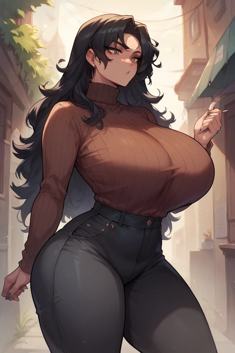 ((1 woman)), smirk, unparalleled masterpiece, 8k CG, perfect artwork, ((perfect female figure)), mature female, milf, (narrow waist), (slim waist), abs, looking at viewer, seductive posture, sexy pose, alluring, clean, beautiful face, pure face, olive skin, (((voluptuous))), (((large breasts))), (((round breasts))), (((massive breasts))), ((shiny skin)), (((skindentation))), lace, lace trim, short lace-trimmed black skirt, delicate pattern, intricate detail, (rich:1.4), prestige, gorgeous, luxury, Mitsuru Kirijo, tifa lockhart, (((black hair))), (((long hair))), (((sweating))), (((Perfect eyes))), (((anime eyes))), (((Silver eyes))), elf ears, gold-trimmed red mantle, black leather jerkin bearing immensely inviting cleavage, dark brown linen pants, and leather boots. She wears an arming sword on her belt.