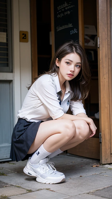 ((Dark blue socks)) Put your hands on your knees ((Brown loafers)a blond、((White panties are visible))(Squatting panty shots)二重まぶた Lashes beatiful detailed eyes、ultra-detailliert、hight resolution、Transcendent beauty top-quality、masterpiece、、(Japanese girls' high school uniform))、Very detailed expression school classrooms Highly detailed appearance 21 year old girl、front facing、((dynamicposes)))、(Sitting on legs with bent knees))、pleatedskirt、Ribbon 1,2 Sexy Upper Eyes A slight smil low angles