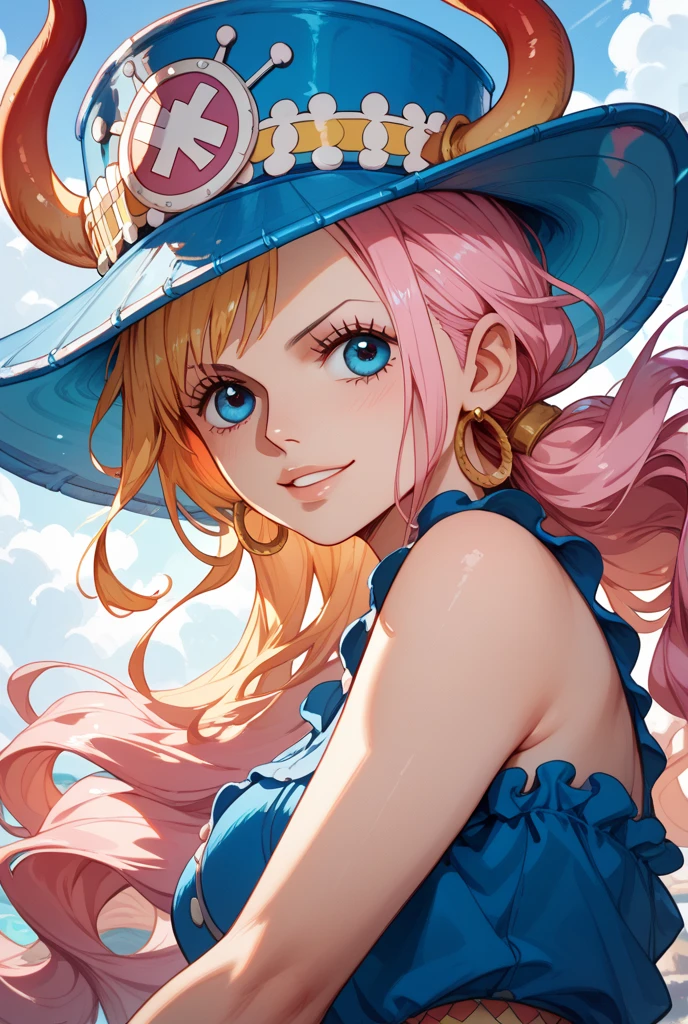 1 girl, (iridescent hair, colorful hair, half blue and half pink hair: 1.2), 17 years old, blue_sky, holding a magic wand, summer (season), petals_on_liquid, black cloak with hood, red and black torn dress, skirt: 1.2, (gold long curly hair: 1.5), sky, outdoor, clouds, bangs, smile, sky blue eyes, bare shoulders, perfect hands, Hand details, repaired fingers. Earrings, sea + background, looking_at_viewer, cowboy shot, top quality, rich detail, perfect image quality, sunrise