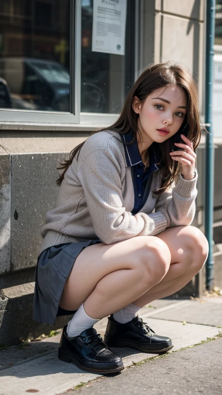 8k, Ultra-high resolution, Highest quality, masterpiece, 三分割法によるphotograph,Surreal, photograph, 1 Girl, (16 years old:1.3), pretty girl, Cute Face, Beautiful eyes in every detail, 細かくdetailedに,masterpiece,One Girl:1.2, Japan Female Announcer,whole body,from below,Fearful expression,Black Hair,Messy hair,Cyber city of the near future,Wearing a cardigan sweater on your back、Girl sitting in the middle of the road, Plaid pencil skirt, High socks and black shoes,Beautiful leg line beauty,Realistic Skin, Perfect and beautiful face ,完璧でCute Face, Skin with attention to detail, Perfect limbs、Narrow waist、Thin legs),Looking at the audience、beauty,Long neck、(((Ideal body type))),A cup small breasts :2,Portraiture:2,Perfect Anatomy,鮮明なdetailed,detailed,Surreal,Light and shadow,darkness