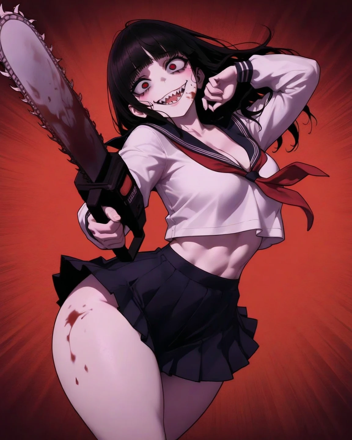 (masterpiece:1.3) 1girl, (female serial killer:1.5) (skinny with an ugly double_chin:1.3) working at Walmart, wearing an apron with topless under the apron, wide eyes, blood stains on clothes, big evil smile, (holding a knife:1.3), horror Walmart background, florescent grocery store lighting, deep shadows , extreme details, , complimentary lighting colors, deep skin, , brightly colored composition, "constricted pupils, small pupils, yellow glowing eyes", ((horror realistic graphic novel style)), knife, bottomheavy, ((Knife Wielding) ((small chest)), psychotic, crazy smile, , constricted pupils, small pupils