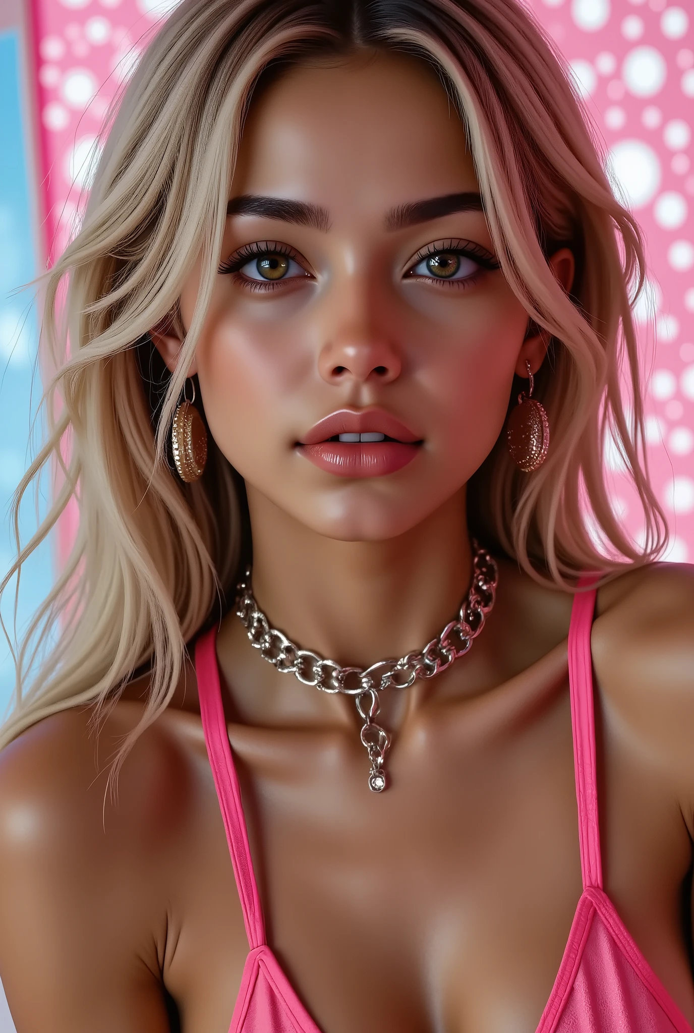  [Style: "masterpiece, realistic, (photo realistic Realism), ultra-detailed, Hyper high resolution"](Key Directive: - ("The priority is the anatomical accuracy and texture of the materials" - "Ultra-sharp human eyes with biological accuracy") { "Eyes: (acid-resistant terminology) (macro-details:1 . 5): * Moist corneal surface (visible aqueous layer:1 . 2) * Hyper-detailed iris stroma ((brown) with gold flecks) * Precise limbal ring (slightly darker pigmentation:1 . 22) (Post-Processing: - "Frequency separation for skin vs eye details" - "Selective sharpening: eyes200% , hair80%" - "Denoise: luminance20 , color35 (retain corneal speculars)") (Avoid: "pupil distortion , uncanny valley asymmetry , plastic-like wetness") ((beautiful western model:1.8)),(hot girl brown skin),(complex and realistic skin texture:1.4), {{"[dynamic pose ((portrait full body view:1.7)), 25yo, skinny,(Sleeveless, beautiful PVC, ultra-thin ribbon PVC, ribbon Slingshot), (Micro Sling swimsuit:1.1), ((wear Micro Sling swimsuit made of transparent PVC: 1.25)), (wear Micro Sling swimsuit made of transparent_color PVC: 1.3),  flat chest,angelic cute face,white teeth, perfect beauty, long eyelashes, (neon pink lips), oiled skin,(psychedelic background,voronoi backround), hyper realistic and detailed face, ((no blur sharp focus on all body))]"}} (Post-production: "chromatic aberration: 0.7") (Rendering engine: "Unreal Engine 5 path tracing, 16K texture maps"). The ultra-Highres,Unreal 5,Subsurface scattering,PBR Texturing,Post-Processing,Anisotropic Filtering,depth of fields,Maximum Sharpness and Sharpness,multi-layered texture,Albedo and Specular maps,Surface Shading,Precise simulation of light-material interactions,perfectly proportions,Octane rendering,Two-tone illumination,Wide Aperture, low ISO, white balance, The rule of thirds, ,(perfect composition),((look at the viewer)), (((FULL BODY:1.44)))., ((Bare feet in the foreground:1.33)),((sits down,Legs up:1.5))