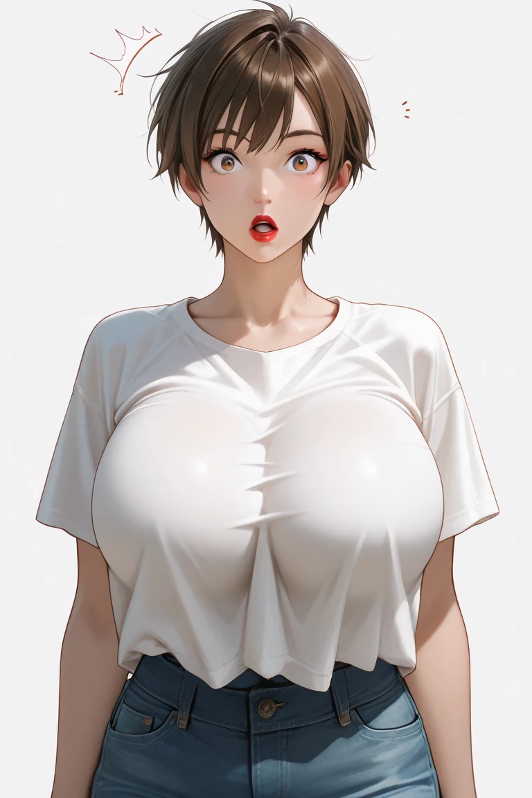 (Upper body naked、I'm not wearing anything、Nothing attached)、Short bob cut with clean bangs、the neck is long、neck long、Clean collarbone、Glossy skin、Perfect body、perfect bodies、Perfect fingers、perfect arms、perfect hand、flawless skin、Smaller face、Look firmly at the camera、(Immaculate white background with nothing really)、Perfect Anatomy、very large breast、very Bigger breasts、adult appeal、smil、ashamed and chuckle、cowboy shot