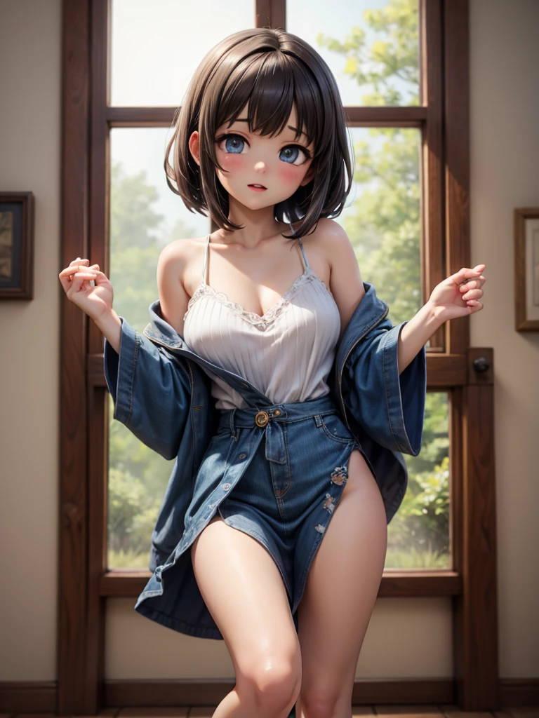 underwear、bra、shorts、Panties、Girl、Primary school students、small、sharp、Black Hair,、The forehead is visible、Forehead、