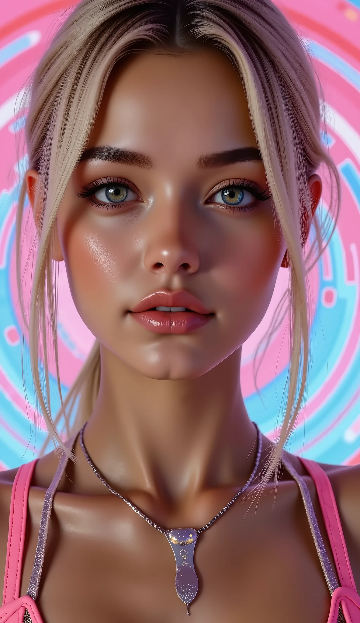  [Style: "masterpiece, realistic, (photo realistic Realism), ultra-detailed, Hyper high resolution"](Key Directive: - ("The priority is the anatomical accuracy and texture of the materials" - "Ultra-sharp human eyes with biological accuracy") { "Eyes: (acid-resistant terminology) (macro-details:1 . 5): * Moist corneal surface (visible aqueous layer:1 . 2) * Hyper-detailed iris stroma ((brown) with gold flecks) * Precise limbal ring (slightly darker pigmentation:1 . 22) (Post-Processing: - "Frequency separation for skin vs eye details" - "Selective sharpening: eyes200% , hair80%" - "Denoise: luminance20 , color35 (retain corneal speculars)") (Avoid: "pupil distortion , uncanny valley asymmetry , plastic-like wetness") ((beautiful western model:1.8)),(hot girl brown skin),(complex and realistic skin texture:1.4), {{"[dynamic pose ((portrait full body view:1.7)), 25yo, skinny,(Sleeveless, beautiful PVC, ultra-thin ribbon PVC, ribbon Slingshot), (Micro Sling swimsuit:1.1), ((wear Micro Sling swimsuit made of transparent PVC: 1.25)), (wear Micro Sling swimsuit made of transparent_color PVC: 1.3),  flat chest,angelic cute face,white teeth, perfect beauty, long eyelashes, (neon pink lips), oiled skin,(psychedelic background,voronoi backround), hyper realistic and detailed face, ((no blur sharp focus on all body))]"}} (Post-production: "chromatic aberration: 0.7") (Rendering engine: "Unreal Engine 5 path tracing, 16K texture maps"). The ultra-Highres,Unreal 5,Subsurface scattering,PBR Texturing,Post-Processing,Anisotropic Filtering,depth of fields,Maximum Sharpness and Sharpness,multi-layered texture,Albedo and Specular maps,Surface Shading,Precise simulation of light-material interactions,perfectly proportions,Octane rendering,Two-tone illumination,Wide Aperture, low ISO, white balance, The rule of thirds