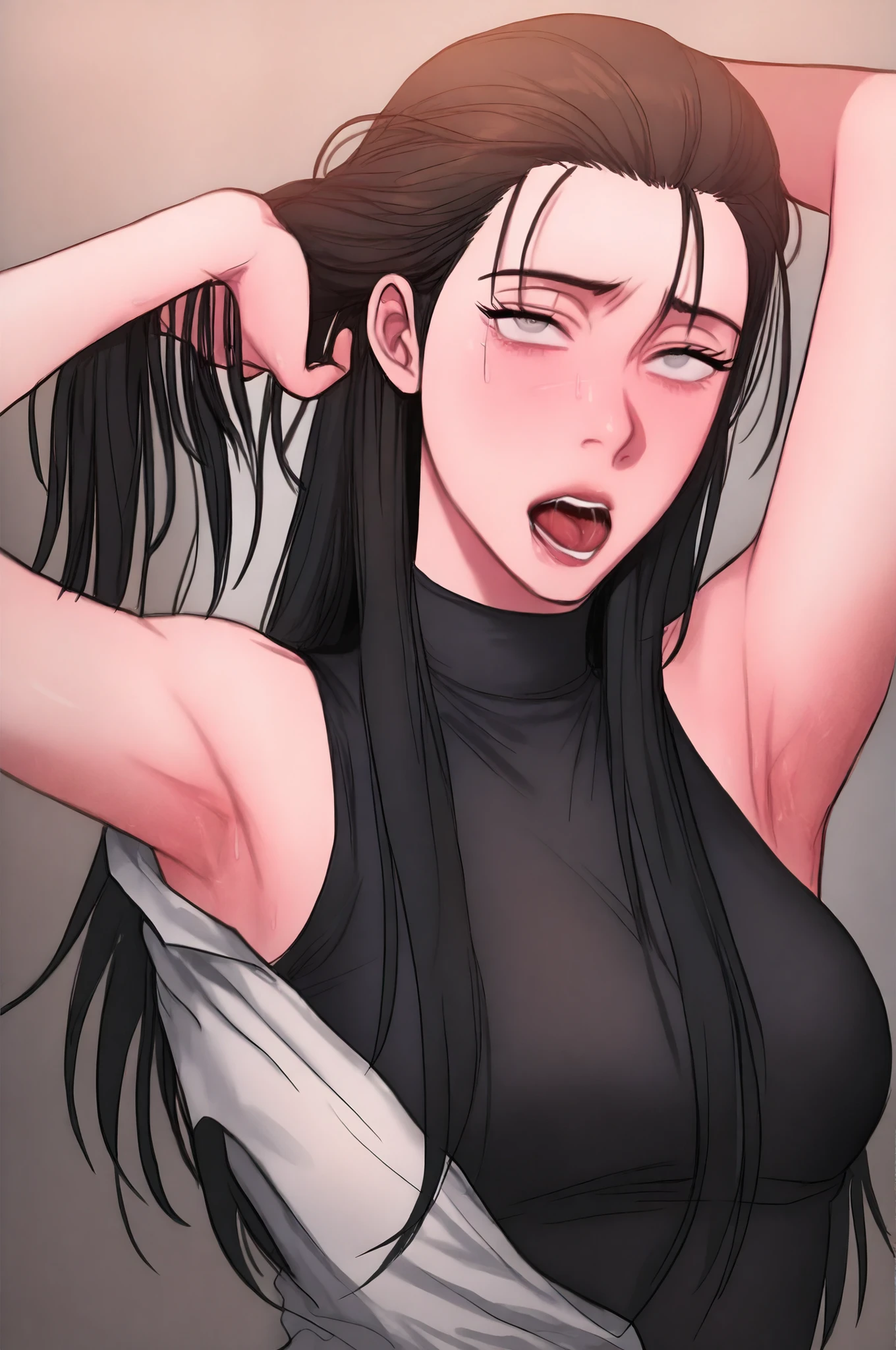 cinematic, masterpiece, ultra-detailed, best quality, absurdres, highres, newest,1girl, solo, kang yuna, black hair, grey eyes, white shirt, black shirt, turtleneck, sleeveless, arm up, armpit, hands in hair, slicked back hair, hair pushed back, looking at viewer, ahegao,