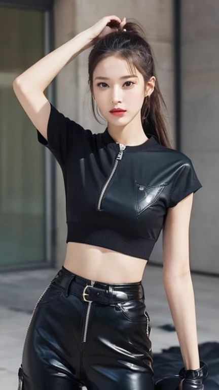 best quality, highres, and18, 1girl, android 18, solo, brunette hair, green eyes, long hair, earrings, diamond necklace jewelry, black leather jogging pants, pink shirt, dragon tattoo, large breasts, office shot, street, (Externally expanded chest: 1.2)
