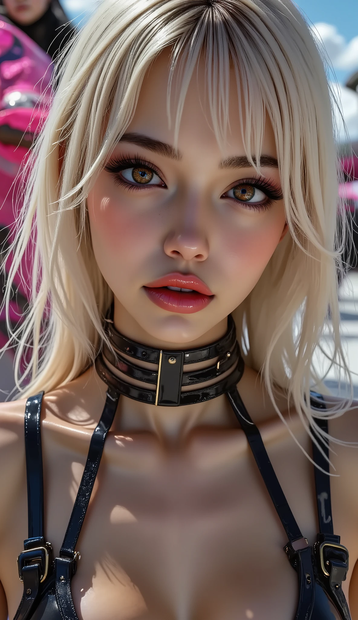  [Style: "masterpiece, realistic, (photo realistic Realism), ultra-detailed, Hyper high resolution"](Key Directive: - ("The priority is the anatomical accuracy and texture of the materials" - "Ultra-sharp human eyes with biological accuracy") { "Eyes: (acid-resistant terminology) (macro-details:1 . 5): * Moist corneal surface (visible aqueous layer:1 . 2) * Hyper-detailed iris stroma ((brown) with gold flecks) * Precise limbal ring (slightly darker pigmentation:1 . 22) - "Lashes: blue individual synthetic fibers (crosshatched roots:1 . 2 , clump-free separation)" (Post-Processing: - "Frequency separation for skin vs eye details" - "Selective sharpening: eyes200% , hair80%" - "Denoise: luminance20 , color35 (retain corneal speculars)") (Avoid: "pupil distortion , uncanny valley asymmetry , plastic-like wetness") ((beautiful western model:1.8)),(photorealism: 1.4),( hot girl brown skin),(complex and realistic skin texture:1.4), {{"[dynamic pose, ((portrait full body view:1.4)), 25yo, skinny,(Sleeveless, beautiful, transparent PVC, ultra-thin ribbon PVC, ribbon Sling bikini: 1.11), (Micro Sling swimsuit:1.1), ((wear Micro Sling swimsuit made of transparent PVC: 1.66)), (wear Micro Sling swimsuit made of transparent_color PVC: 1.45),  flat chest,angelic cute face,white teeth, perfect beauty, long eyelashes, (neon pink lips), oiled skin,(psychedelic background,voronoi backround), hyper realistic and detailed face, ((no blur sharp focus on all body))]"}} (Post-production: "chromatic aberration: 0.7") (Rendering engine: "Unreal Engine 5 path tracing, 16K texture maps"). The ultra-Highres,Unreal 5,Subsurface scattering,PBR Texturing,Post-Processing,Anisotropic Filtering,depth of fields,Maximum Sharpness and Sharpness,multi-layered texture,Albedo and Specular maps,Surface Shading,Precise simulation of light-material interactions,perfectly proportions,Octane rendering,Two-tone illumination,Wide Aperture, low ISO, white balance, The rule of thirds