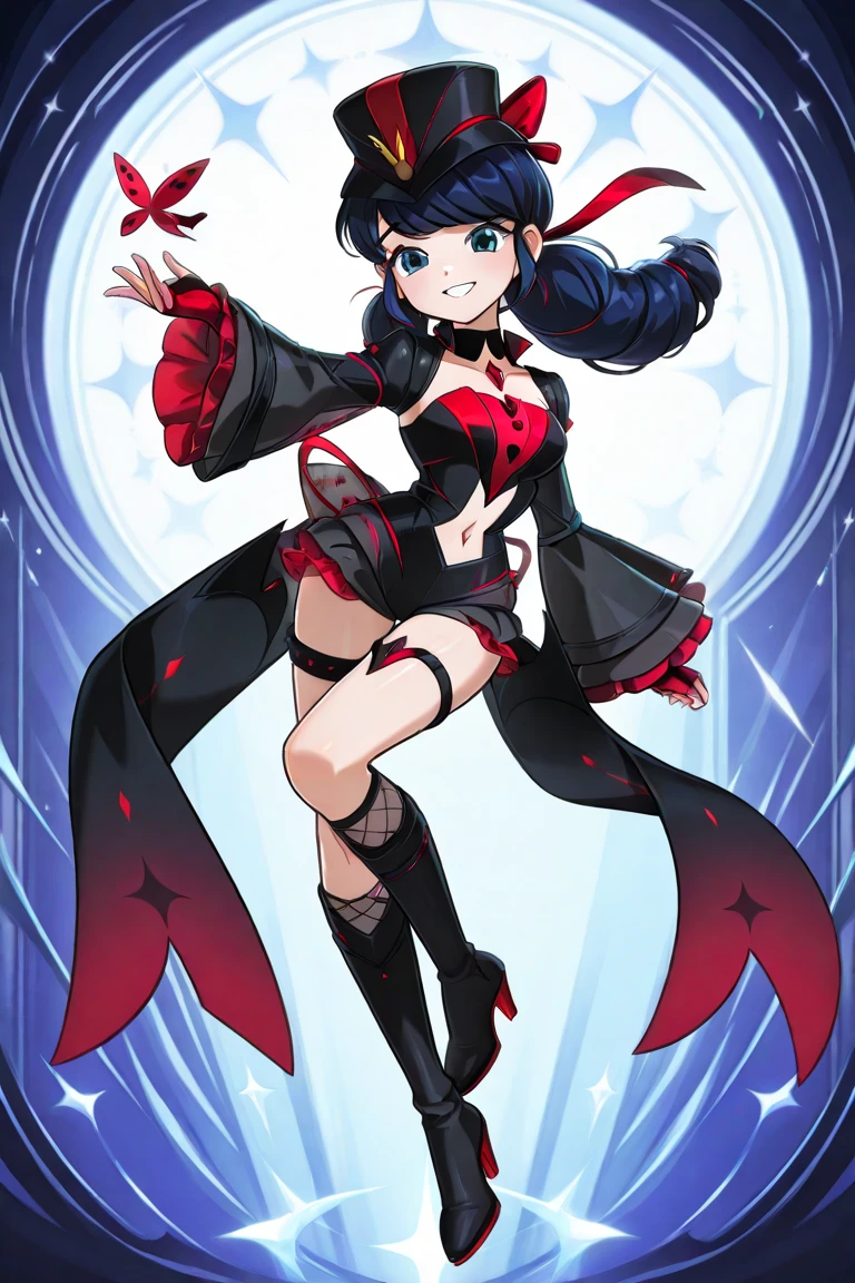 Marinette Dupain-Cheng, dark blue hair, blue eyes, hat,black headwear,drill hair,blunt bangs, detached collar,chest jewel,black dress,long sleeves,navel cutout,thigh strap,high heel boots,black footwear