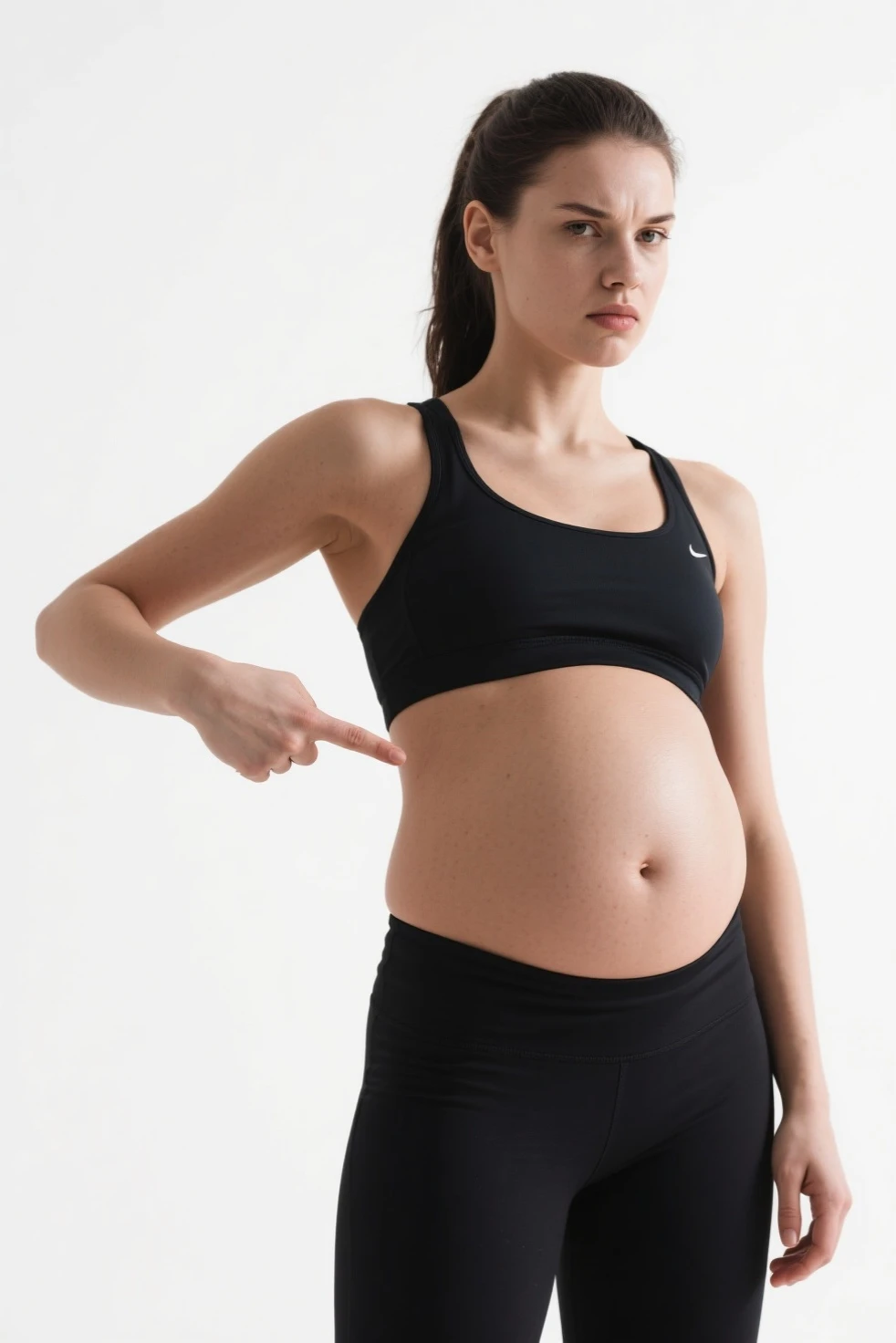 Image of Step 2: Activating the Leg Muscles in Mountain Pose (Tadasana) in Prenatal Yoga
General Description: I need an image that illustrates the second step of the mountain pose (Tadasana) in prenatal yoga. The image should show an experienced, pregnant yogi activating her leg muscles. The yogi should look directly into the camera as if she were taking a photo for a prenatal yoga ebook digital product. The style should be relaxing and professional, with soft colors and a minimalist background.
Visual Details:
Yogi Posture: The yogi should be activating the leg muscles, raising the kneecaps without locking the knees. The legs should look strong and active.
Facial Expression: The yogi should have a relaxed and focused expression, looking directly at the camera.
Setting: Minimalist, calm background at home, which could include soft, cozy elements like a yoga mat and a potted plant.
Clothing: The yogi should wear comfortable, pregnancy-appropriate yoga clothing, such as leggings and a tight-fitting t-shirt.