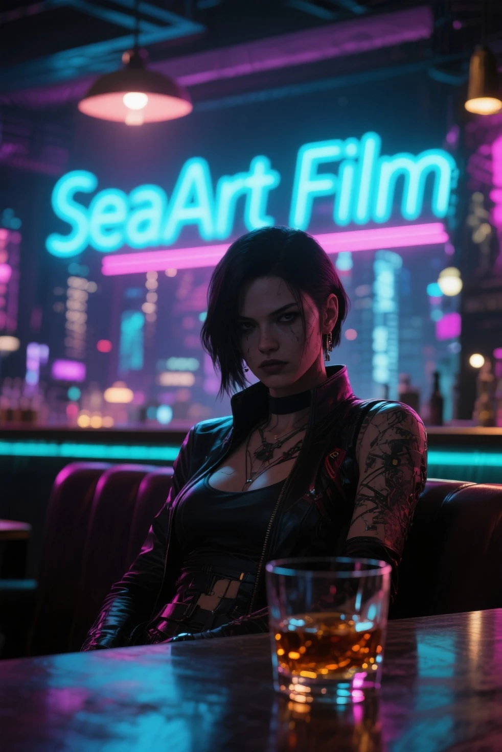 (best quality) Cyberpunk 2077 (cover art), (dystopian future/sci-fi) (world building), neon, (grimy atmosphere), (high-tech cityscape), futuristic motorcycles, rain-soaked streets, (intense action), (cinematic shot), (dynamic posing), (one character), (female protagonist), (badass attitude), (leather clothing), (chrome accents), (red/yellow/blue/green neon), (high contrast), (edgy vibe).