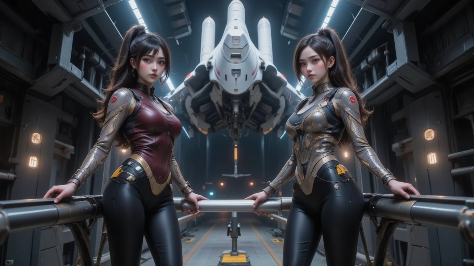 ((16K)),((masterpiece:1.3)), ((Highest quality)), ((Ultra-high resolution)), (Very detailed), ( ultra-realistic, Photorealistic:1.4), Perfect lighting,((Side light)), Surrealism,No makeup, Film Grain, chromatic aberration, Sharp focus,(((Create a detailed image of a cyberpunk-enhanced robot that operates autonomously through a network))), 2 bodies,The robot should have a sleek, metallic exoskeleton with integrated circuits and neon-lit components that glow in various colors, such as electric blue and neon green. The design should include visible power conduits and cables running along its limbs, connecting to a central core embedded in its chest. The robot's limbs are powerful and agile, with sharp, angular joints that allow for high-speed movement. Its head features multiple optical sensors glowing in red or white, giving it a menacing, surveillance-like appearance. The robot should appear heavily armored, with reinforced plating and weaponry integrated into its arms, such as energy blasters or retractable blades. The background should suggest a dark, dystopian cityscape, with the robot ready to respond to any threats in its surroundings through a network interface,((fighting pose:1.5)),Create a dynamic and intense battle scene set in a dystopian, Cyberpunk cityscape. ((Beautiful detailsまでこだわった髪)),((Beautiful eyelashes)), Beautifully detailed face, ((Beautiful Hair)),Beautiful details, Beautiful clavicle, Beautiful body, Thin legs,Beautiful breasts, Beautiful legs, ((Detailed and carefully drawn hand)), ((Cleavage)),Pointed Chest, Perfect Anatomy, Supermodel with a long neck,((Skinny1.3)),23 years old, Glowing Skin,((pale skin)),((beautiful girl:1.1)),(((large breasts:1.5))),Dainty facial structure,((Surprised:1.4)),((nezuko fighting a giant mecha robot:1.5)),((Command nezuko:1.3)), ((Standing face to face with a robot:1.3)),((demon slayer)), ((pink jacket)),((wearing (pink) Cyberpunk Gunfighter:1.2)), ((Futuristic pink Cyberpunk Outfit)), ((Don a futuristic ensemble with cyberpunk-inspired clothing, incorporating sleek lines and high-tech details:1.4, Gloves with Built-in Tech, Enhance the look with gloves that feature built-in tech elements, adding a sci-fi touch, Holographic Gun Holster)),