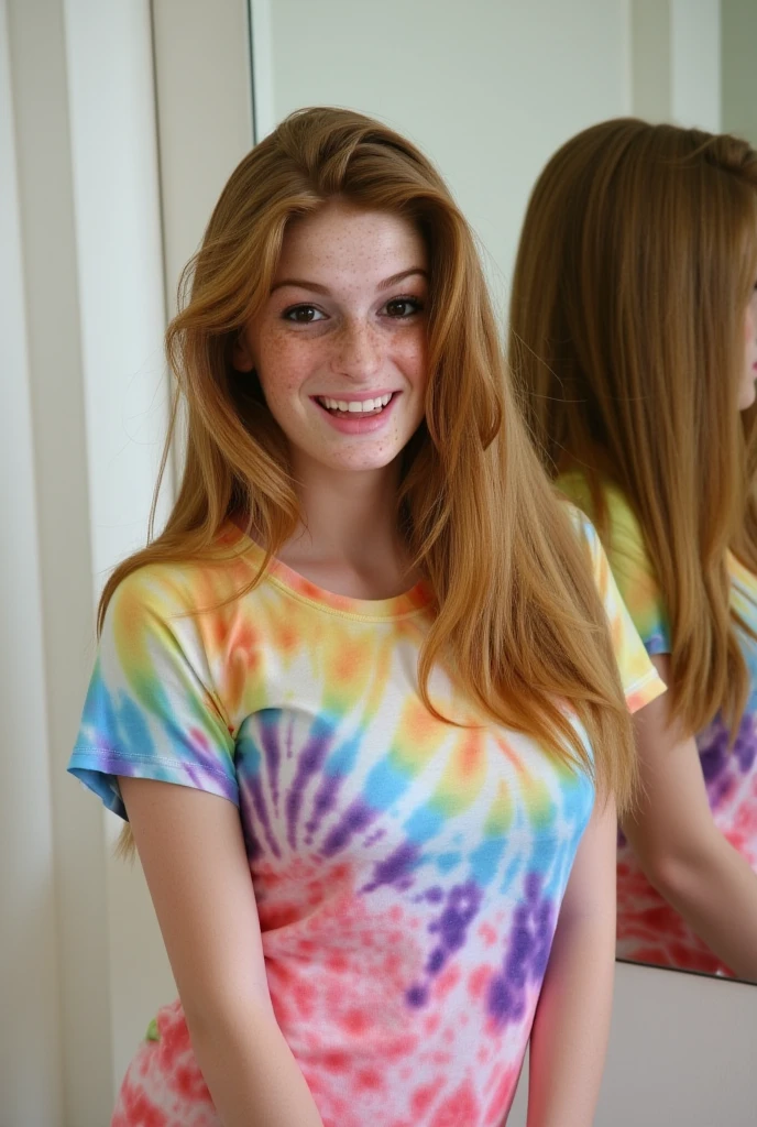 selfie of a beautiful woman wearing a tie-dye tunic with leggings,in a busy restaurant during dinner time,natural lighting, epic character composition,by ilya kuvshinov, alessio albi, nina masic,sharp focus, subsurface scattering, f2, 35mm, film grain ,blonde ,short Hair, modern Hairstyle <lora:milenaj:1>