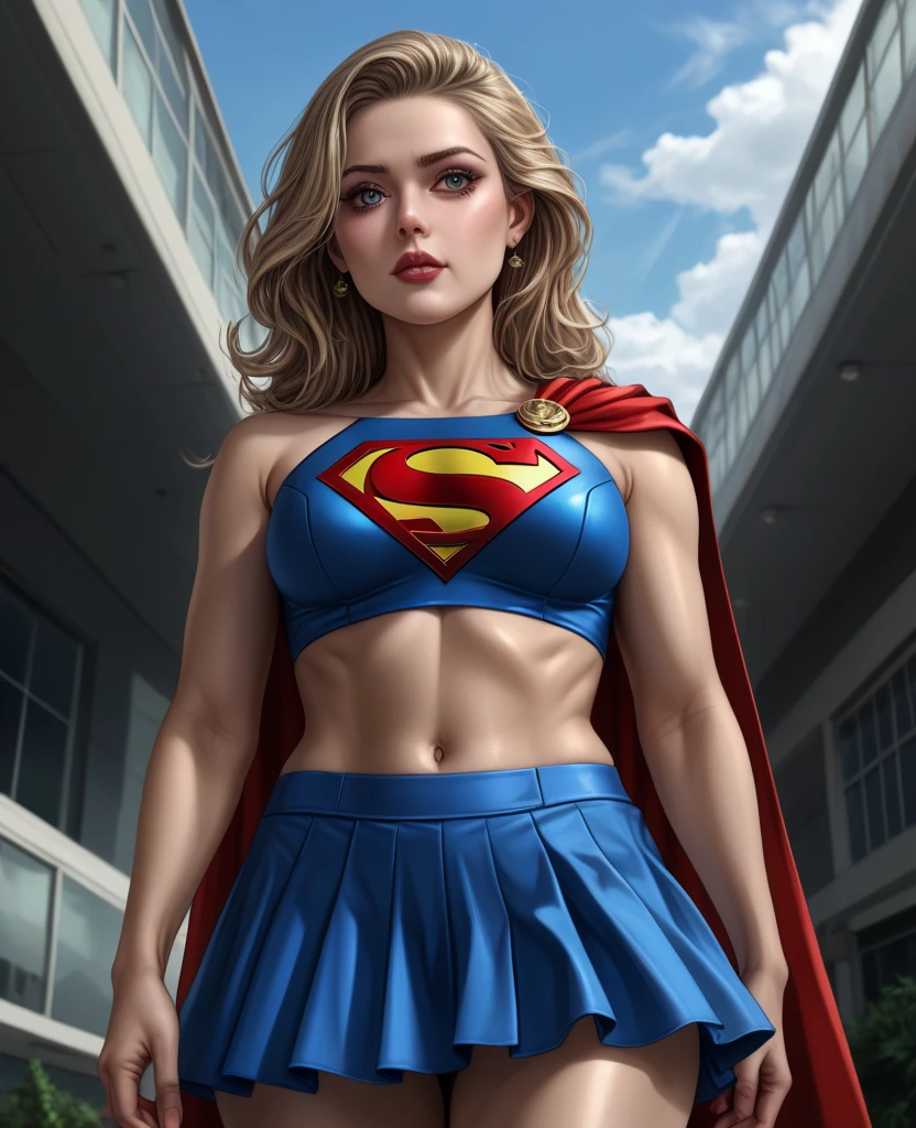 Score_PnyReal, (supergirl), supergirl outifit, skintight, insanely beautiful photographic portrait of 21 years old, full body, Upper Angle, body curves, navel, mini-skirt, before lisa cremosa, Beautiful dark brown eyes, beautiful facial details, ((Manhattan background))), low angle medium plane, greedy and attractive, incredibly euphoric beautiful, vivid emotion, peach fuzz, symmetrical circular iris, natural makeup with glitter, detailed moisture, detailed drops, detailed hair and intricate threads, dslr camera, reflected in a trace of rays, Deni Pine, Bud Melmann de Larry, symmetrical face and body, CGSociety, Gottfried Hernwein and Irakli Nadal, eye reflections, focus, Unreal Engine 5, visual effects, film photograph, extreme detail, Ultra HD, post-processing, post-production, unique face, Tanveer Tamim, ultra-realistic photograph, Photographed with Hasselblad X1D-50c, ISO 100