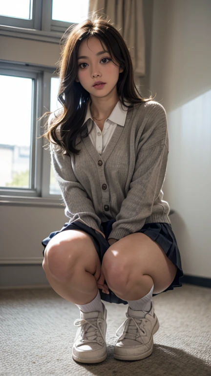 Place your hands on your knees、((White panties are visible))、(Squatting panchira)、double eyelid、Perfect Fingers、Perfect proportions、 Huge、eyelash、Place your heels on the ground、Beautiful and delicate eyes、Very detailed、High resolution、Transcendental beauty、Highest quality、masterpiece、((Japanese high school girls uniform))、Very detailed表現、School classroom、Very detailed外観、18-year-old girl、Positive、(((Dynamic Pose)))、((Sit with your knees bent))、Sexy upward glance、Low - Angle、(((White panties are visible)))、M-shaped leg pose