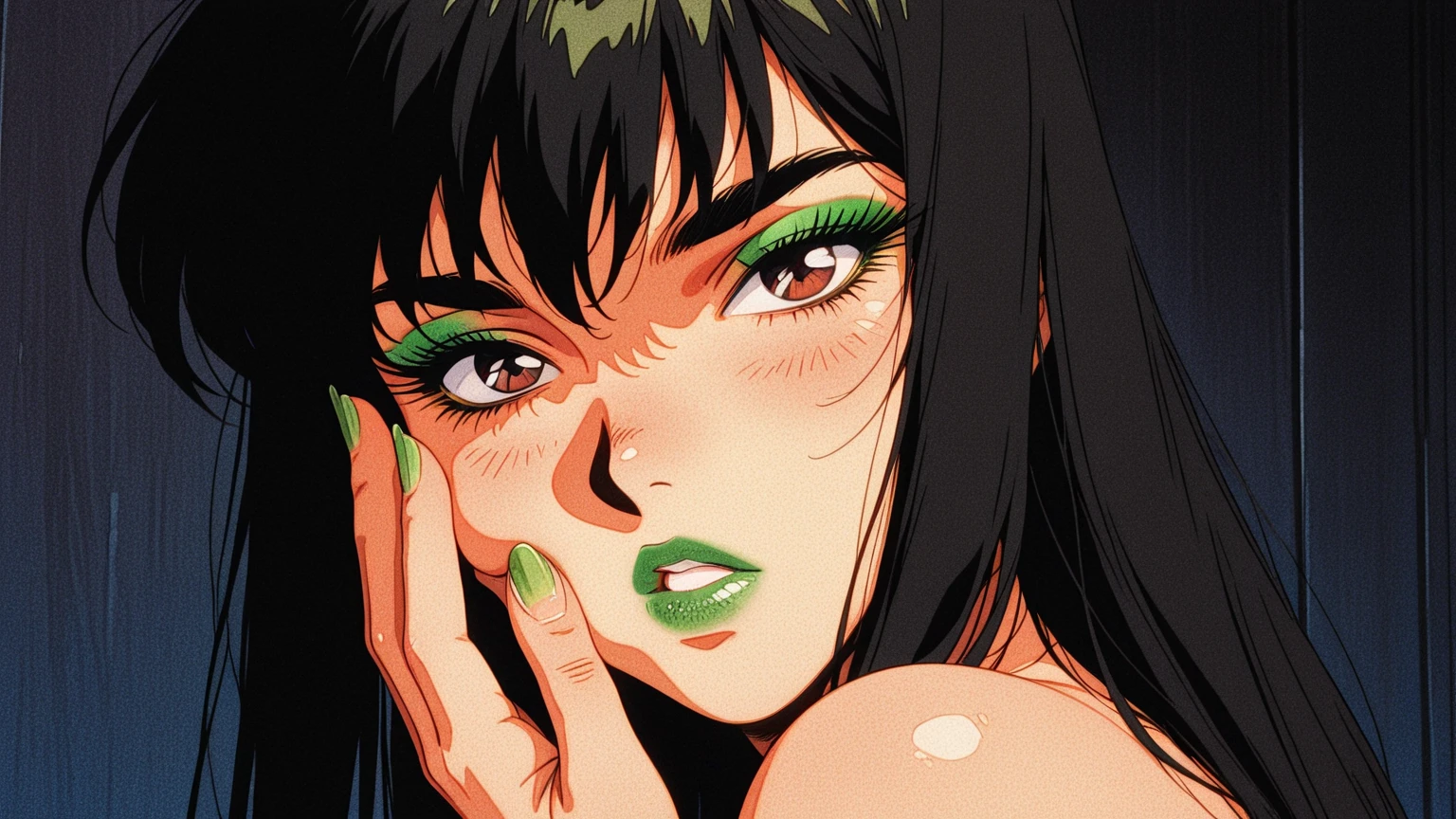 create a brunette with long black hair very beautiful sexy posing squatting on Copacabana beach in Rio de Janeiro with a sexy face and green eyes holding a marijuana cigarette on the beach