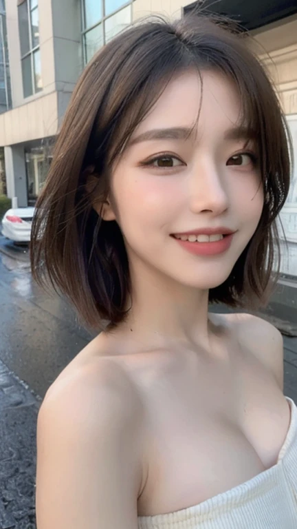 (((Definitely shoulder length, short, Straight Brown Bob)))、(((In her background is a summer park、Pose like a model at the beauty salon.)))、(((Random and cute street fashion)))、Face close-up、Half Japan, Half Korean、18-year-old girl、Independent、I'looking forward to it、Light eye makeup、Brown Hair Color、flat 、Hair blowing in the wind、Quality of actress、Shiny, Ultra-realistic faces、smile、Watery eye、look up、Subtle lighting effects、 Ultra-Realistic Capture、Very detailed、High resolution 16k human skin closeup。Skin texture must be natural、The detail must be such that the pores are clearly visible..、skin is healthy、Even Tone、Use natural light and color、High quality images taken by modeling agencies'Exclusive photographer、smile