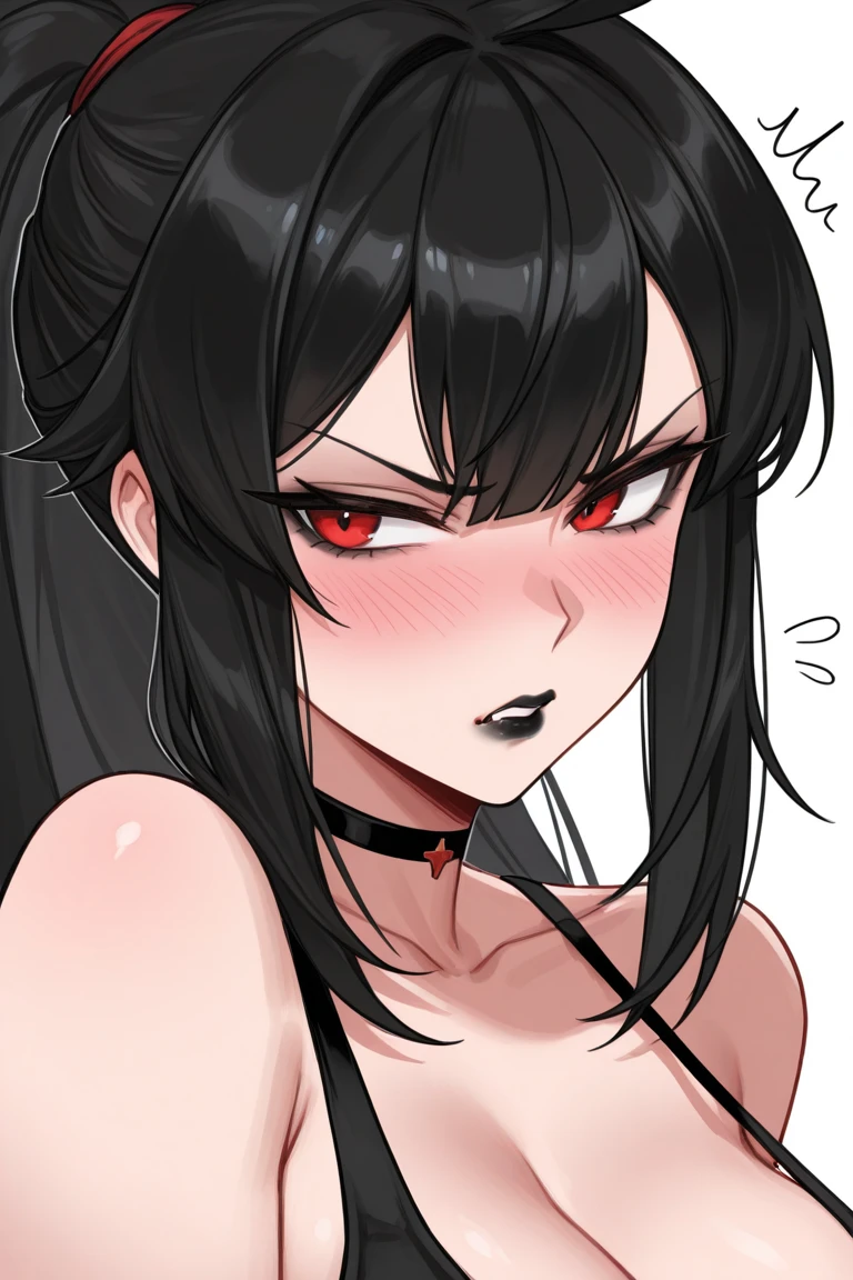 1woman,(solo),20s,mature female,medium breasts,(white background,line drawing),(naked),long hair,black hair,angry,(fangs),bitting,portrait,Looking away,
